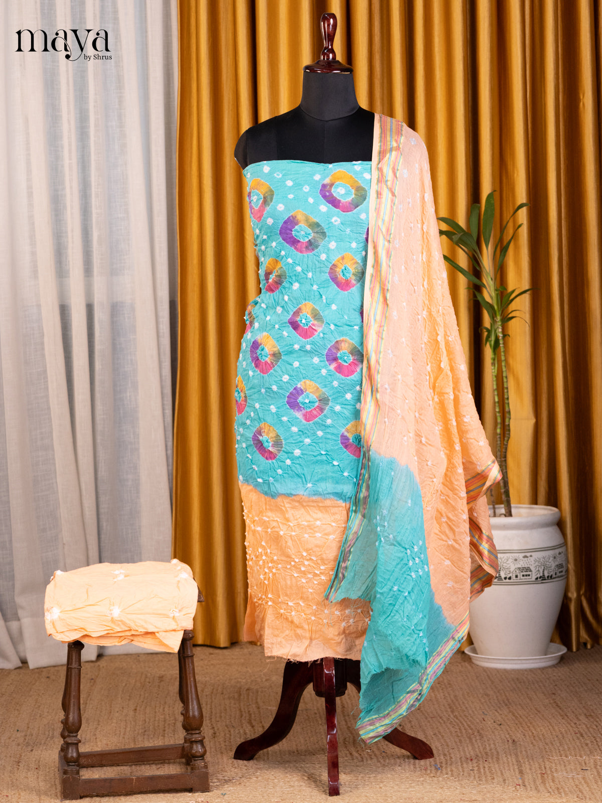 Teal & Peach - Bandhini salwar Unstitch