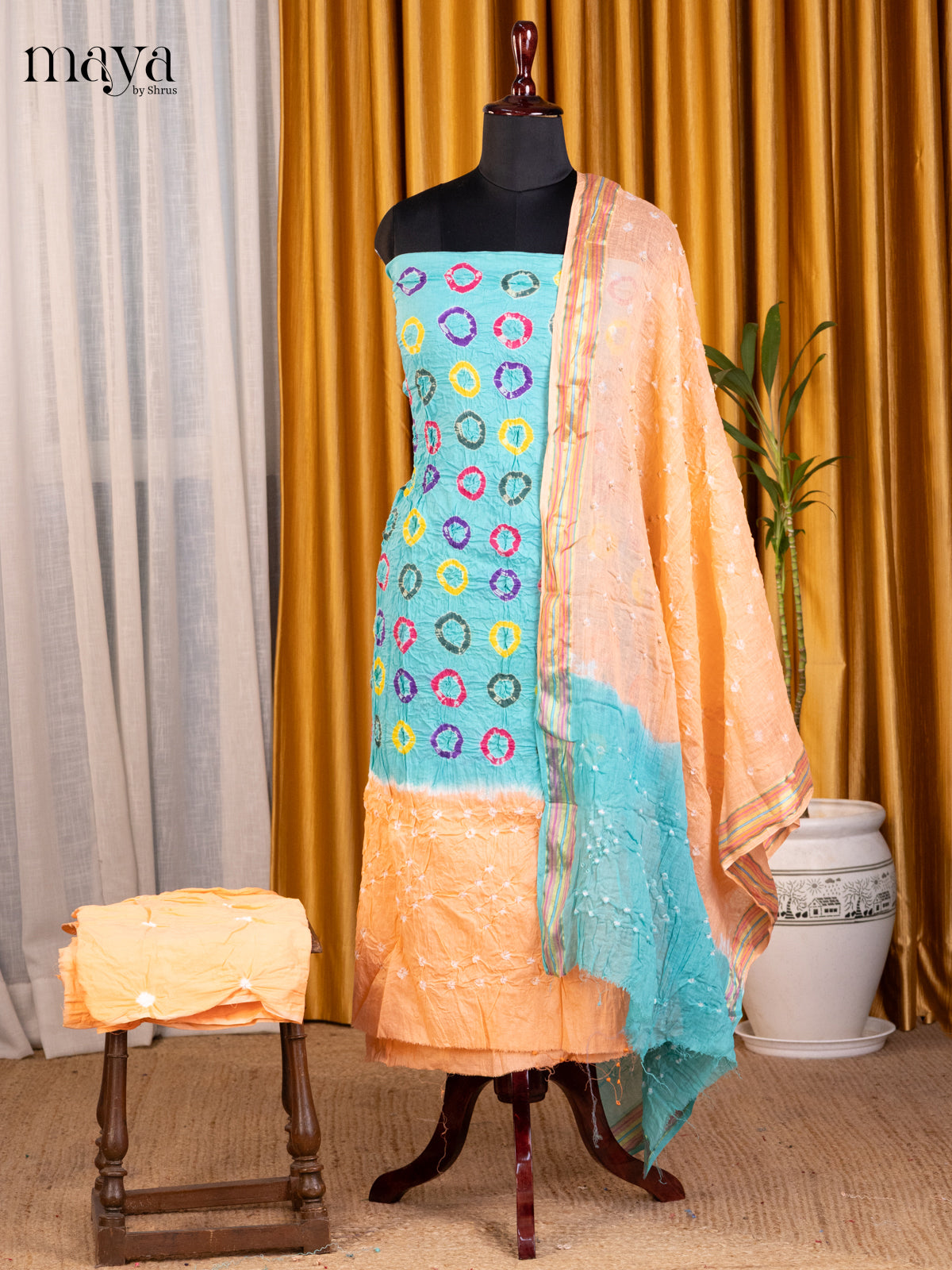 Teal & Peach - Bandhini salwar Unstitch