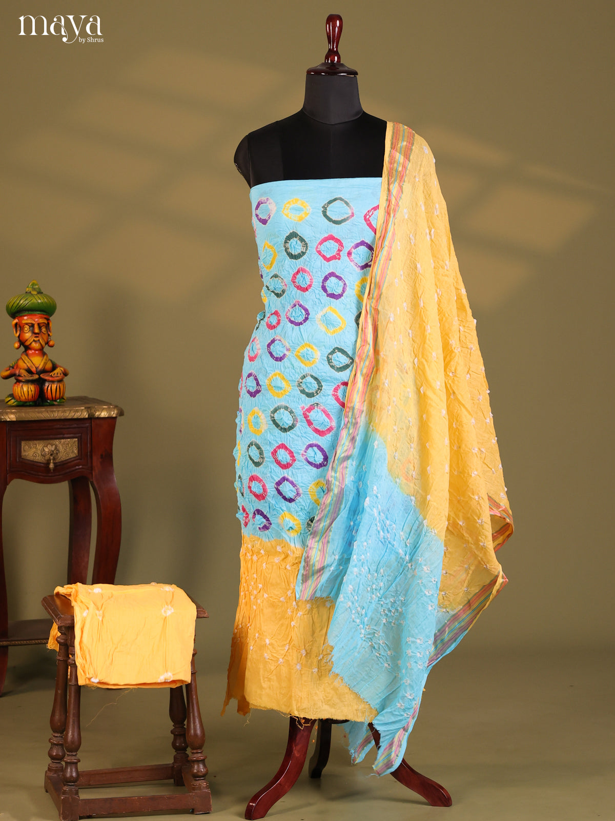 Sky Blue & Yellow - Bandhini salwar Unstitch