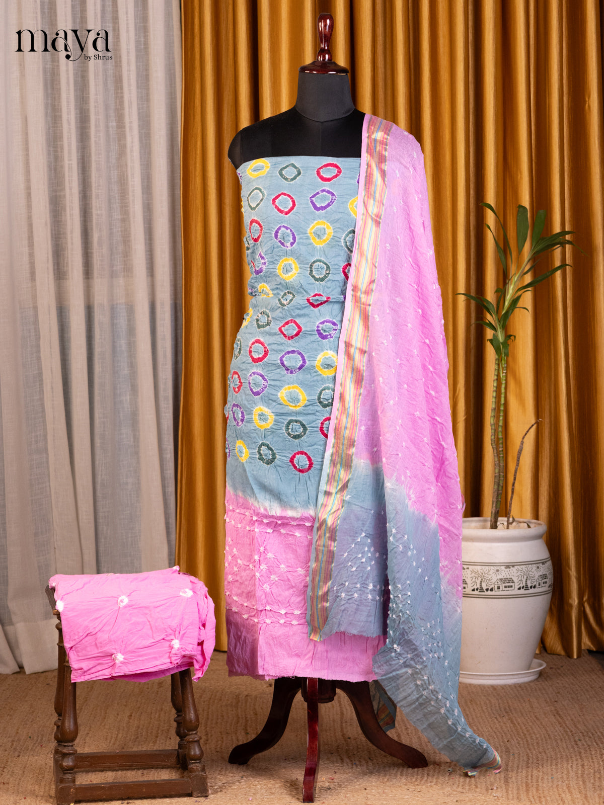 Grey & Pink - Bandhini salwar Unstitch