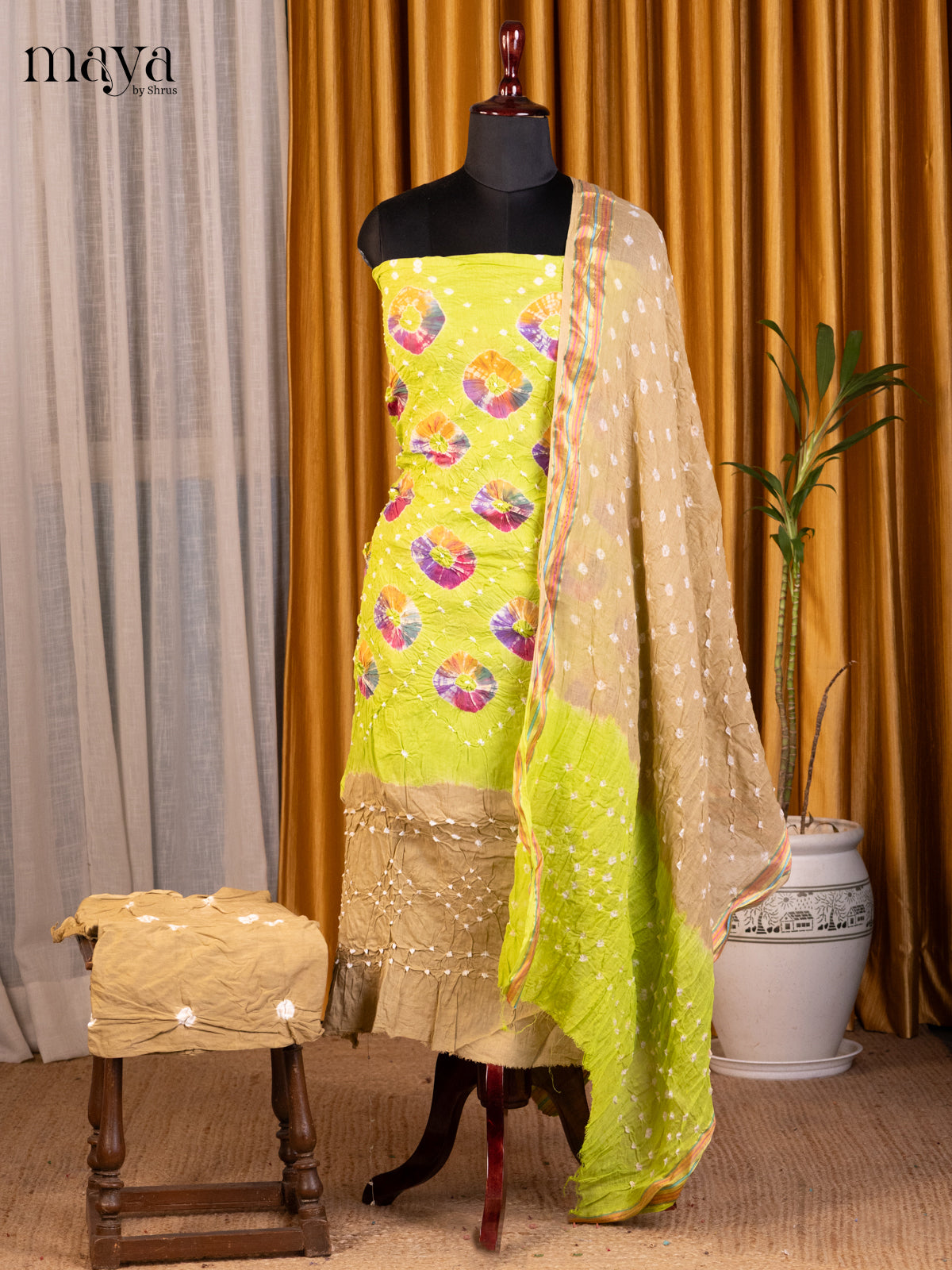Green & Brown- Bandhini salwar Unstitch