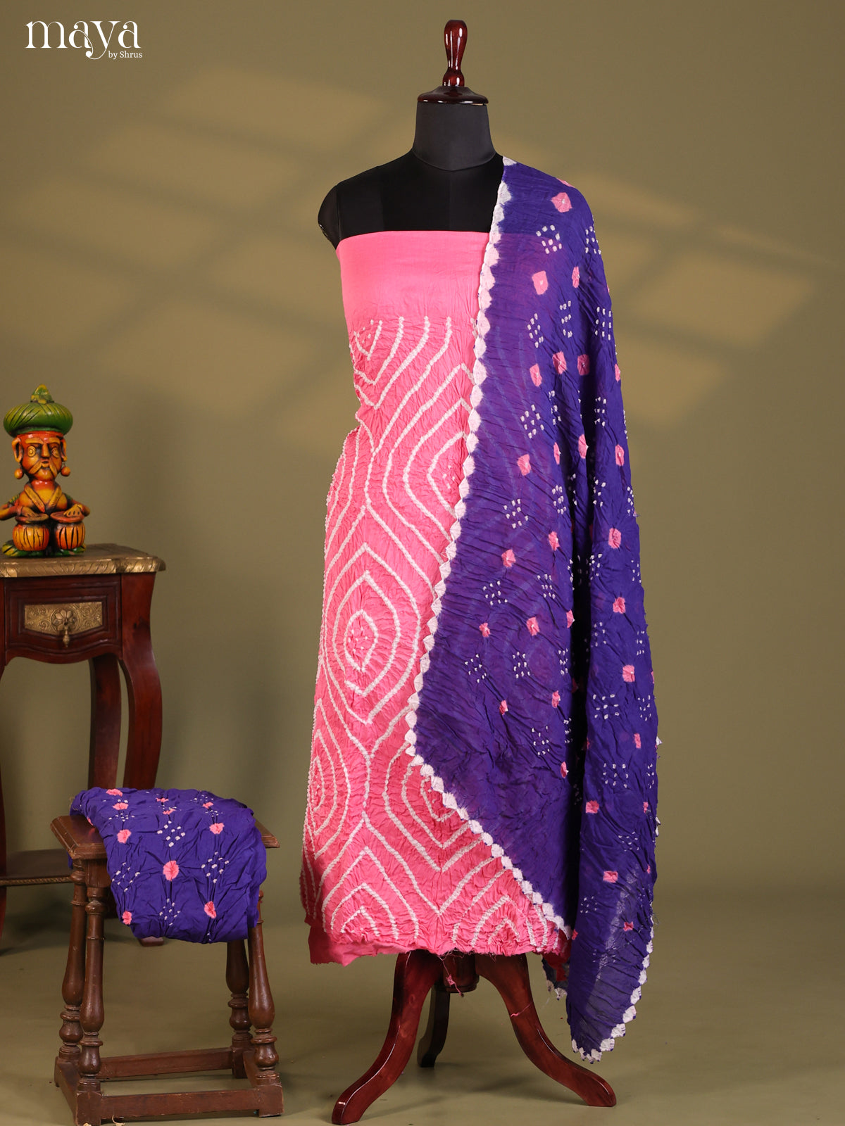 Pink with Blue- Bandhini salwar Unstitch