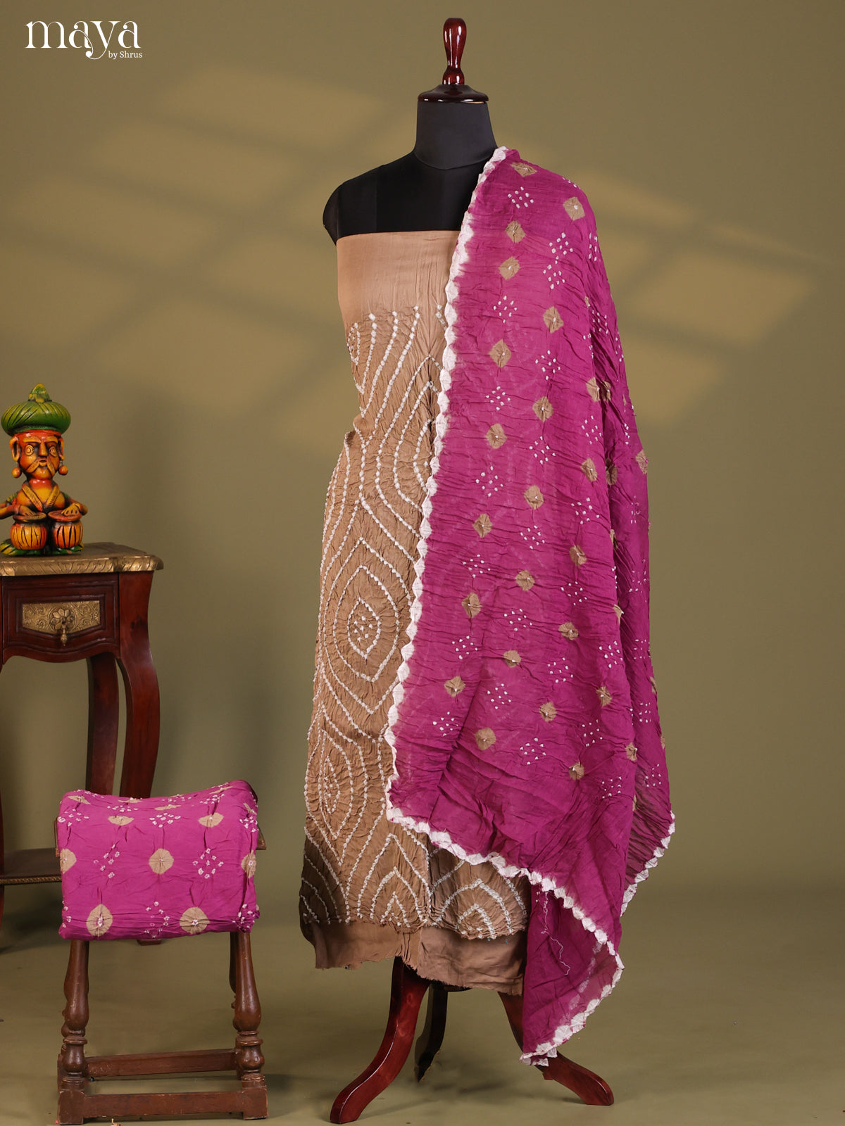 Brown with Purple- Bandhini salwar Unstitch