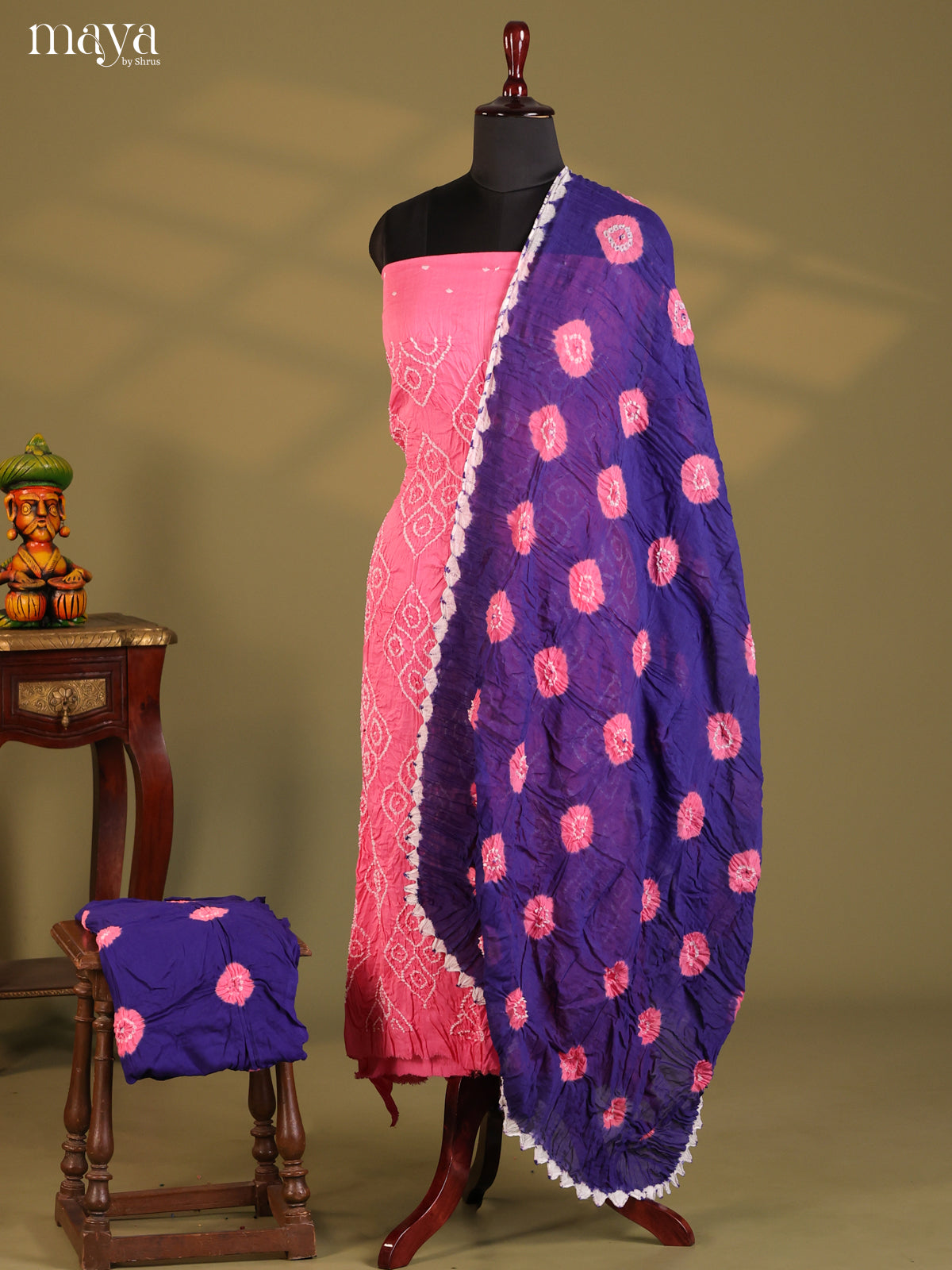 Pink & Blue - Bandhini salwar Unstitch