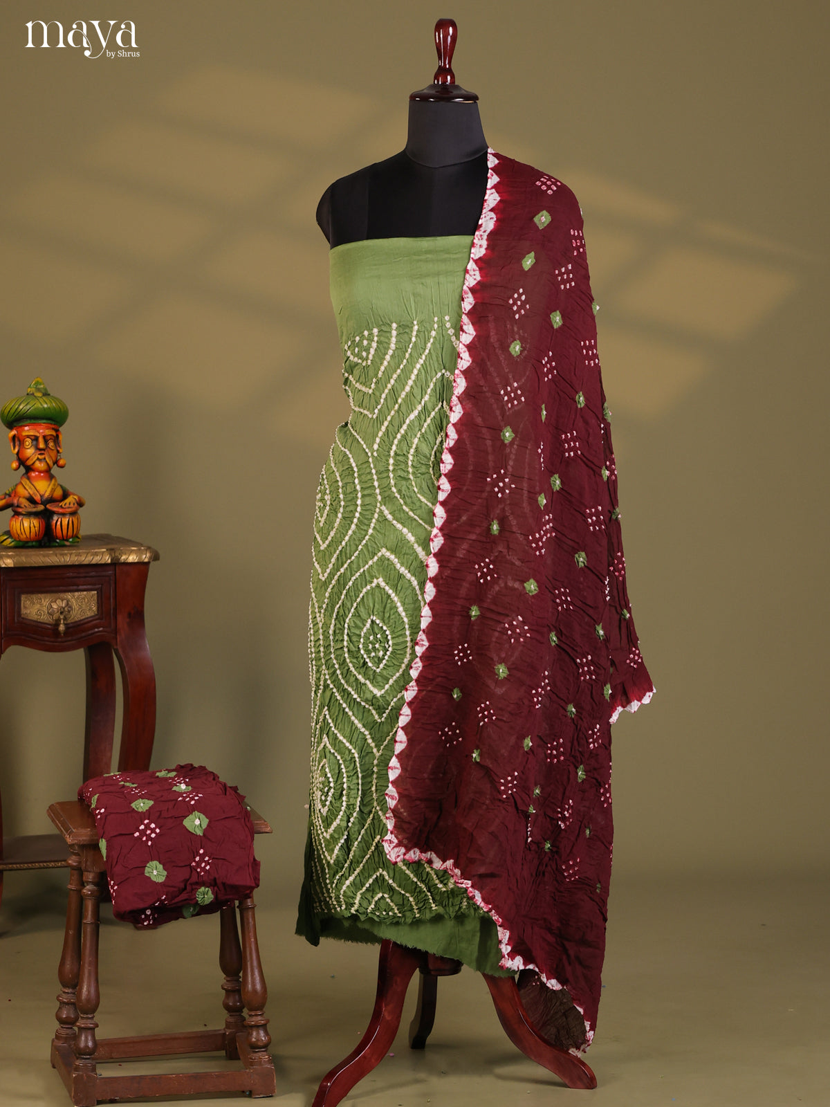 Green & Maroon - Bandhini salwar Unstitch