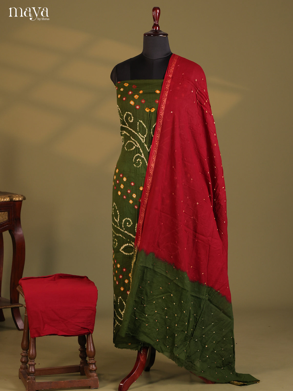 Green  & Maroon - Bandhini salwar Unstitch