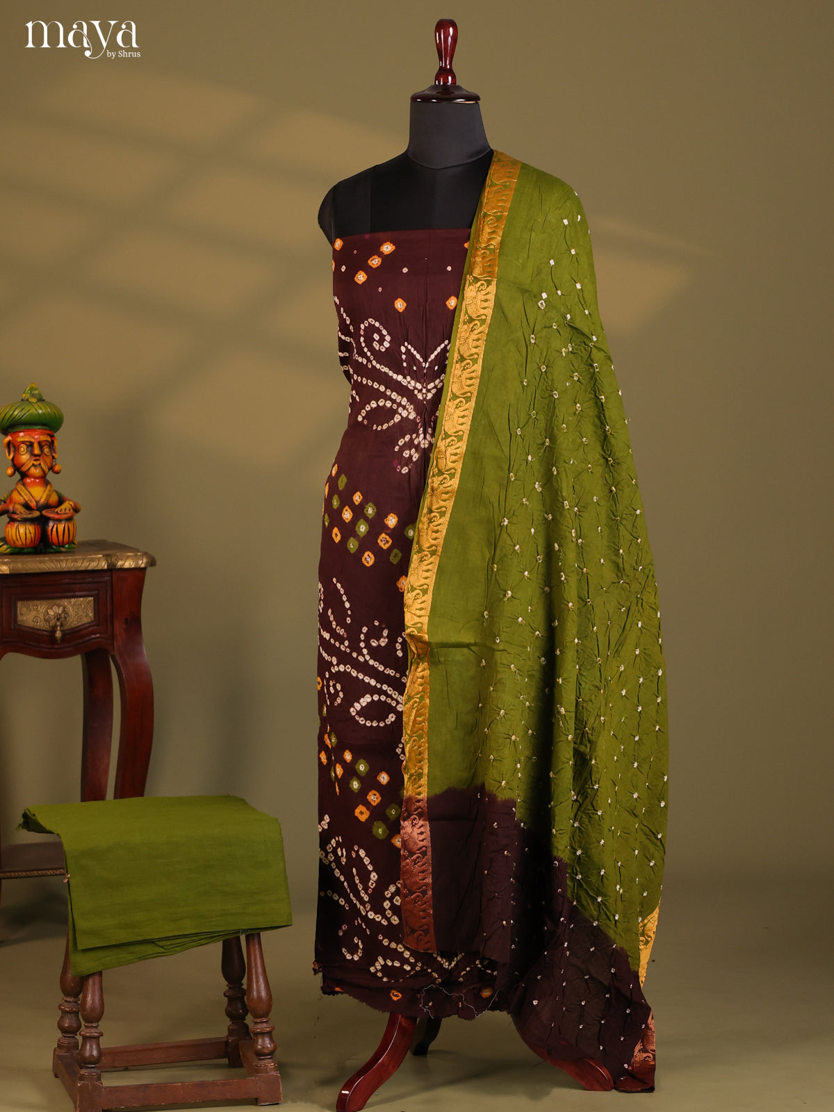 Brown & Green - Bandhini salwar Unstitch