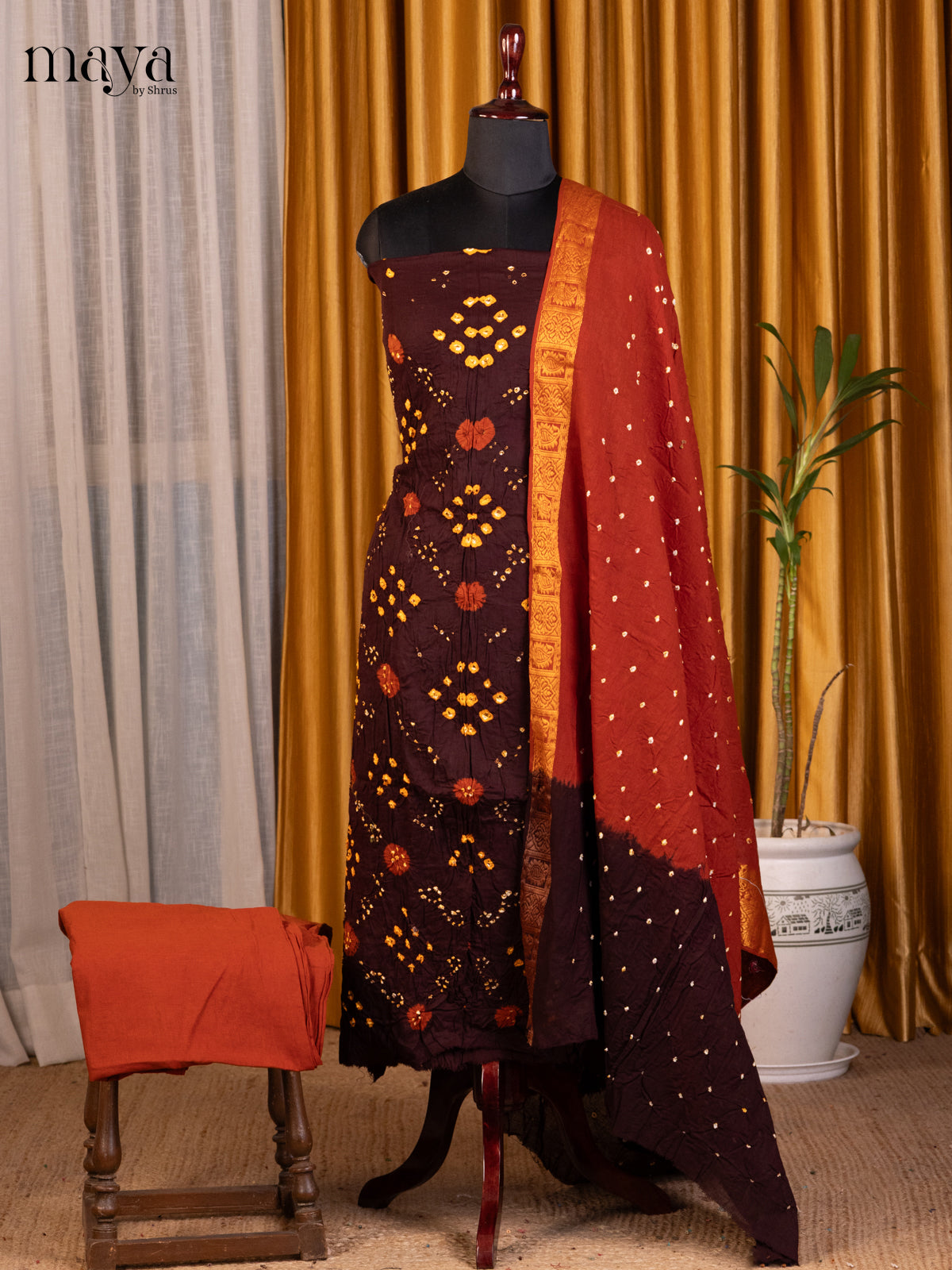 Dark Brown & Brick - Bandhini salwar Unstitch