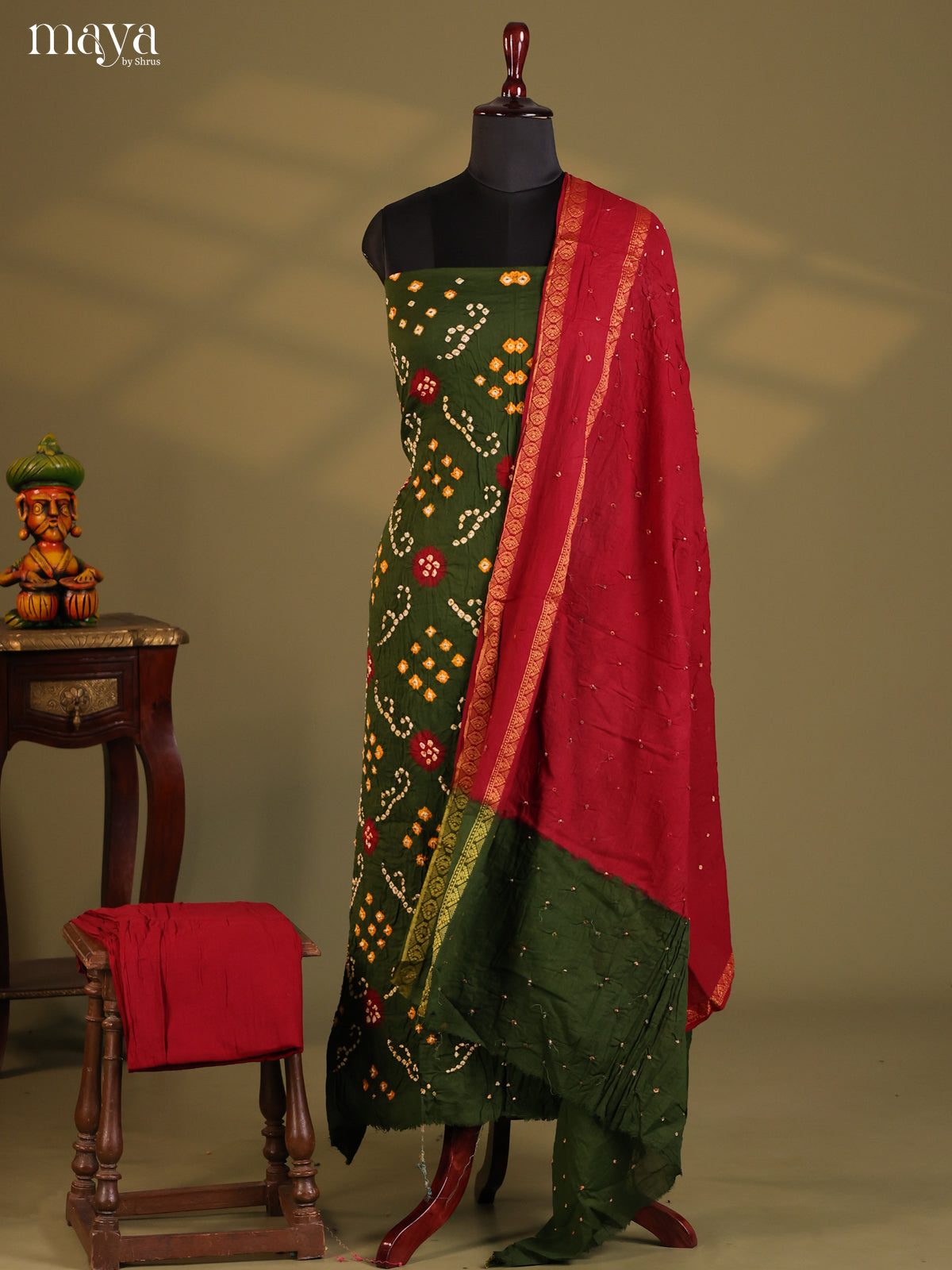 Green & Maroon - Bandhini salwar Unstitch
