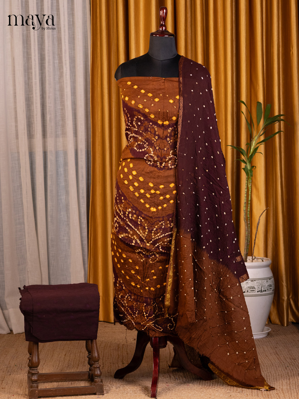 Brown & Maroon - Bandhini salwar Unstitch