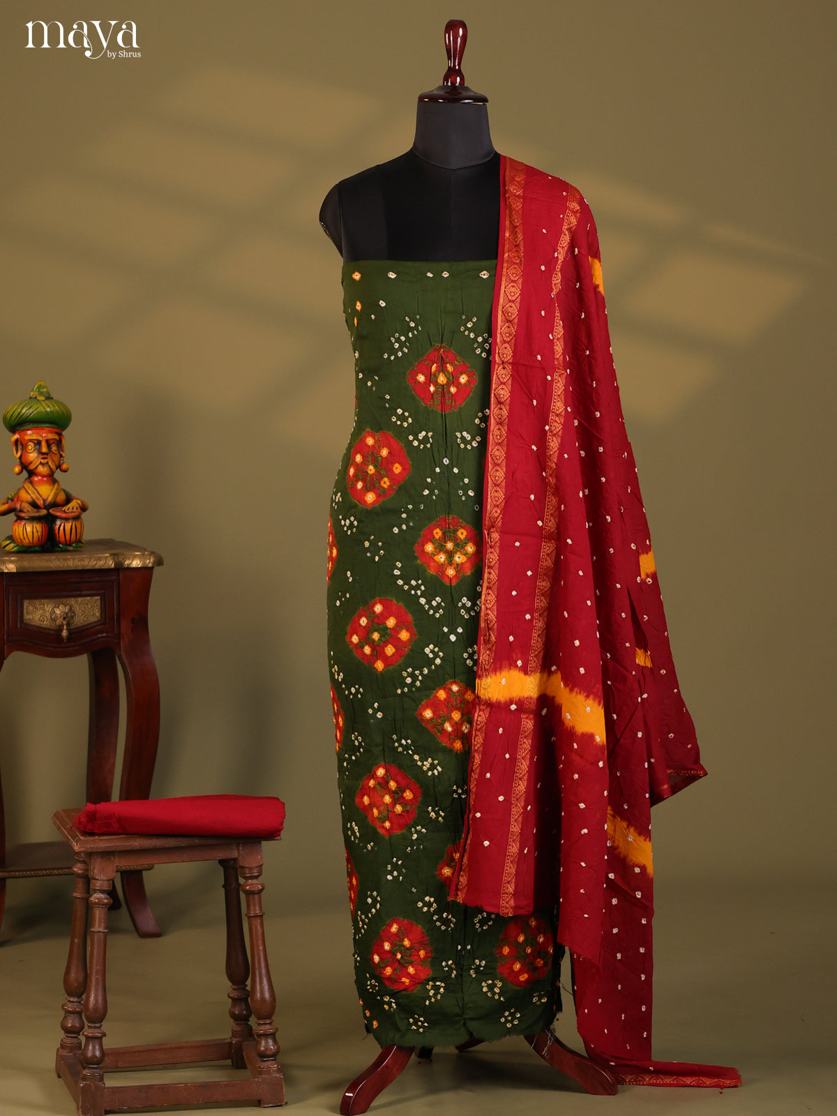 Green & Maroon - Bandhini salwar Unstitch