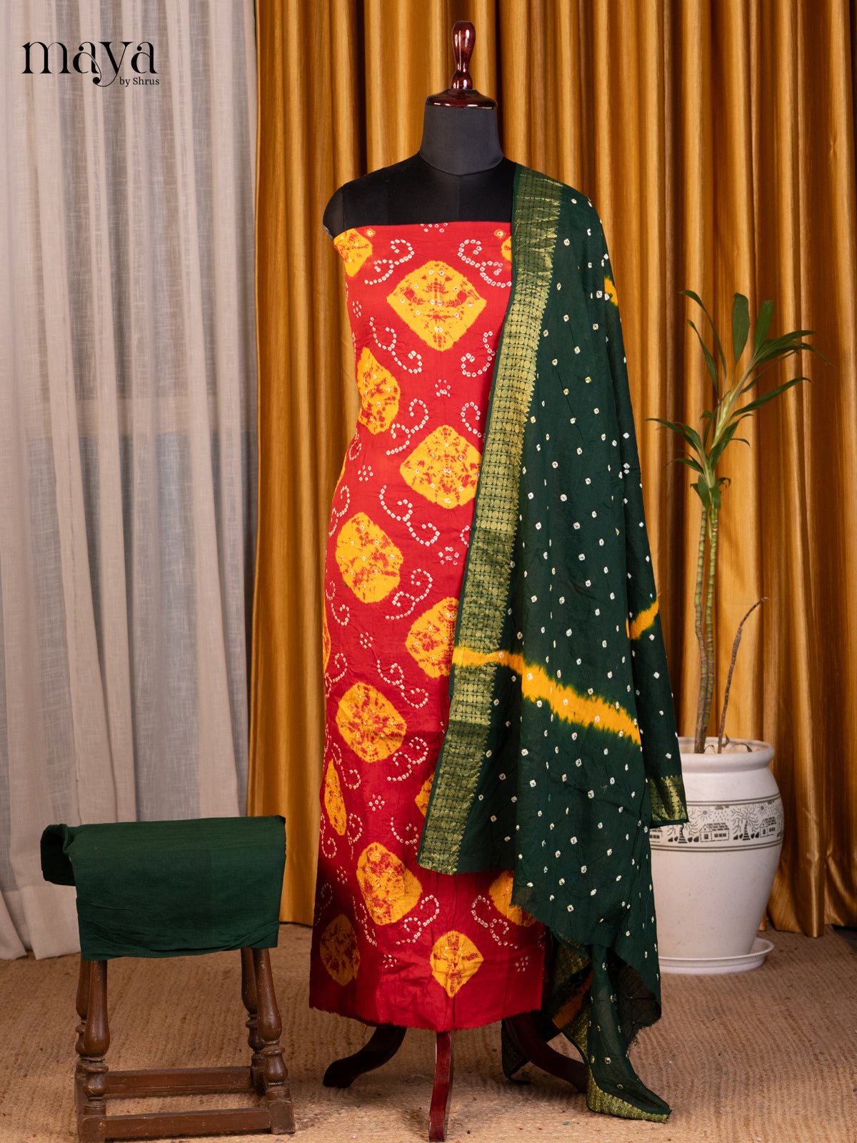 Red & Green - Bandhini salwar Unstitch