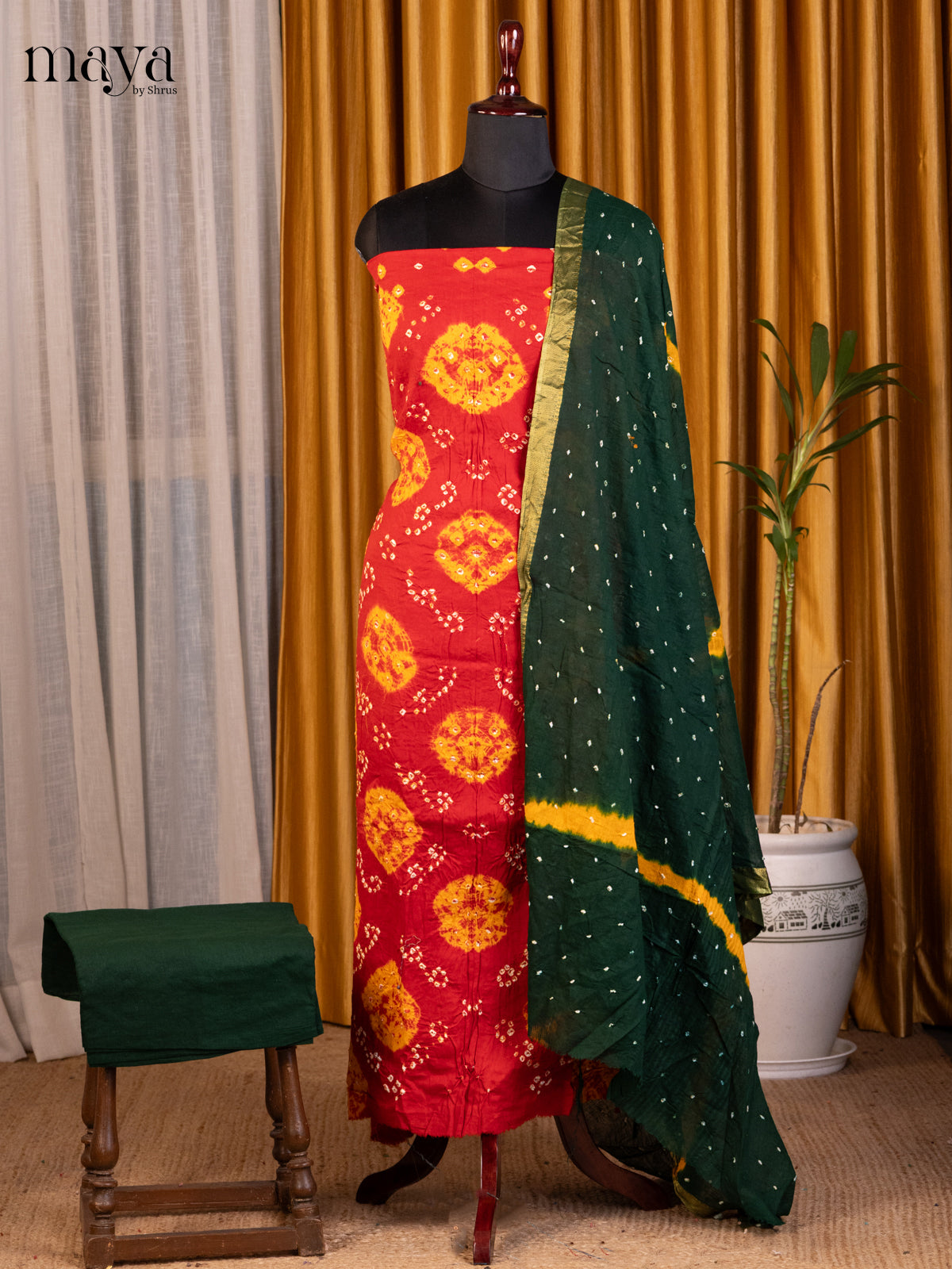 Red & Green- Bandhini salwar Unstitch