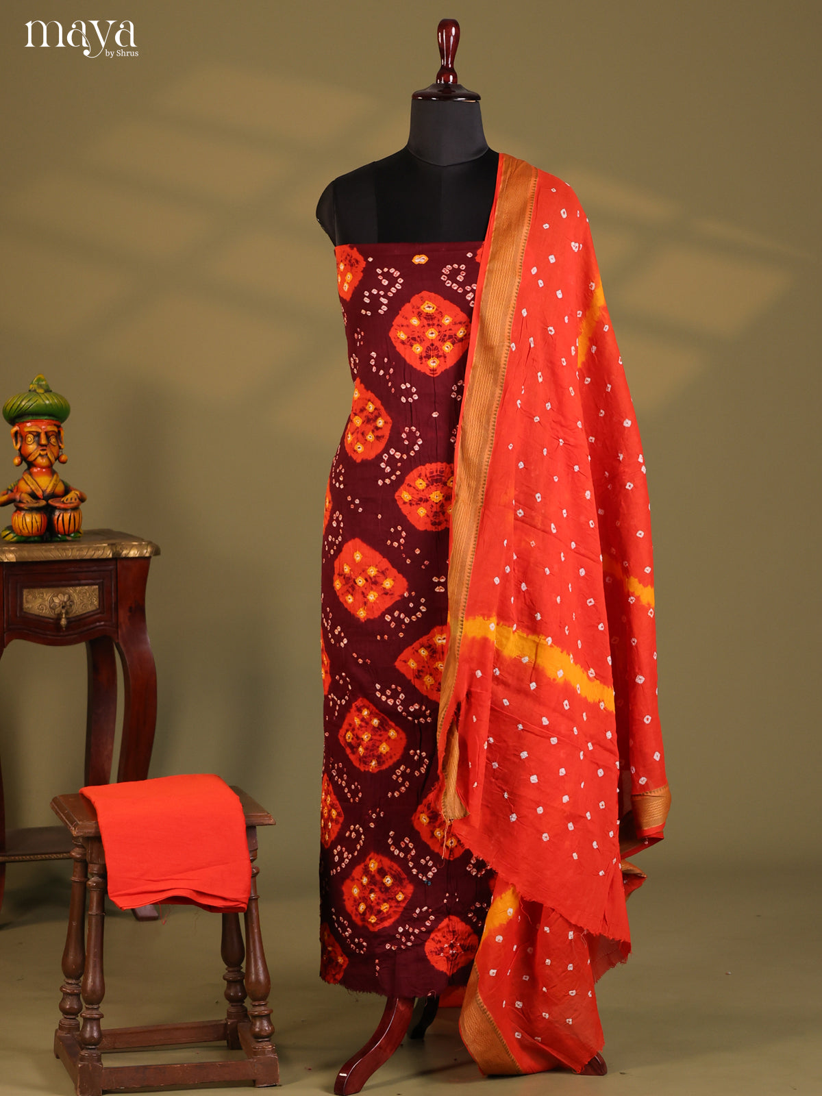 Maroon & Orange - Bandhini salwar Unstitch