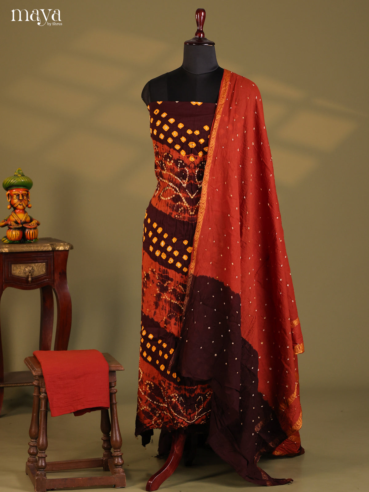 Brick with Maroon - Bandhini salwar Unstitch