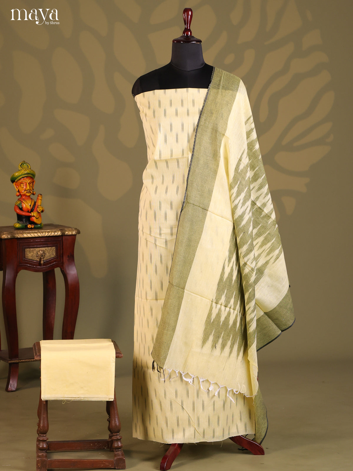 Cream with Green- Ikkat Salwar Unstitch