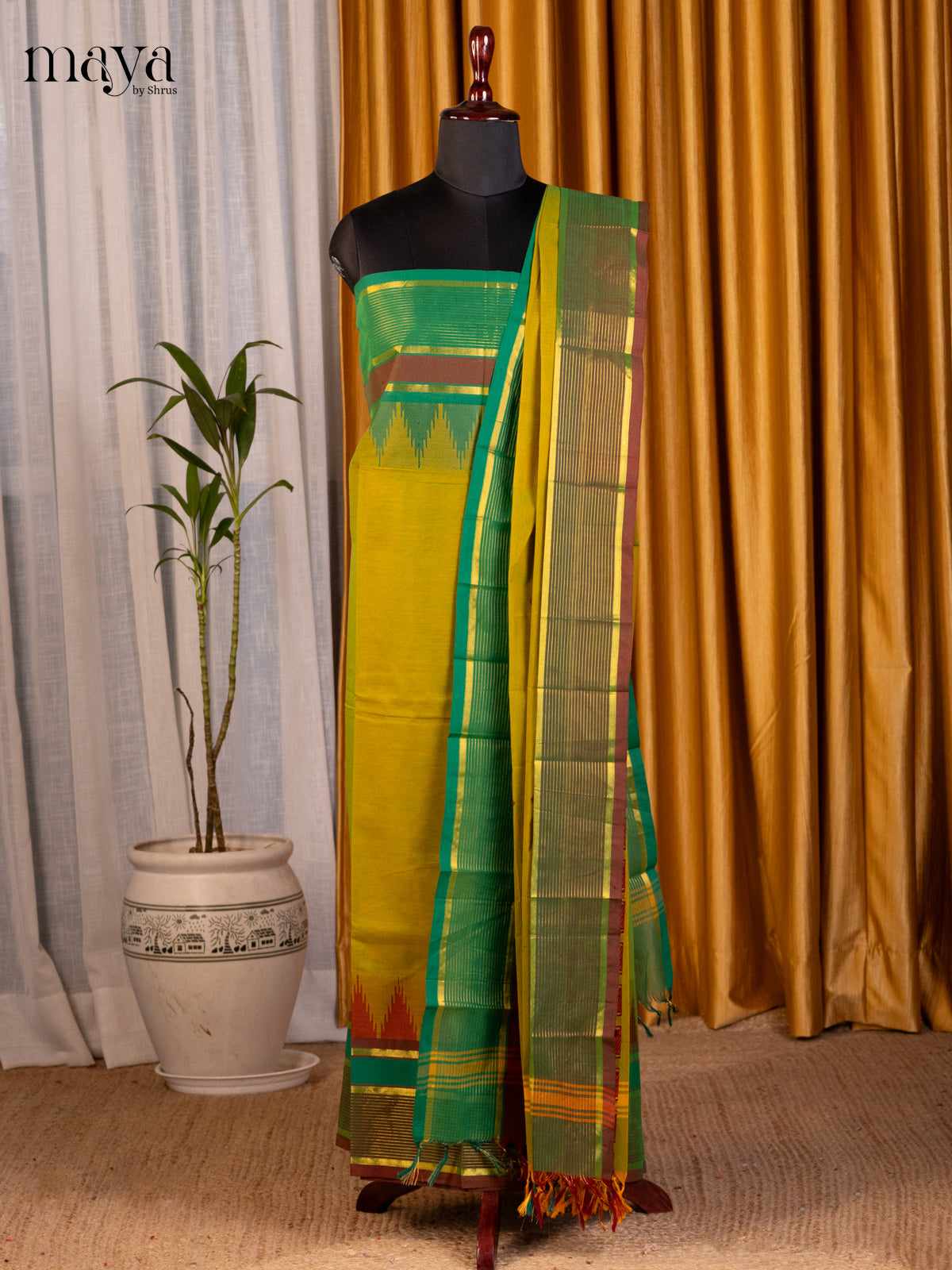 Mustardy Green & Green - chettinad top & dupatta combo