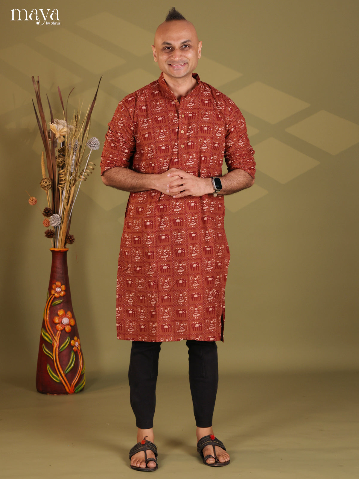 Brown Cotton Elephant Printed Long Men Kurta