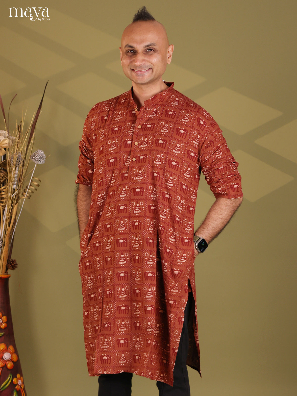 Brown Cotton Elephant Printed Long Men Kurta