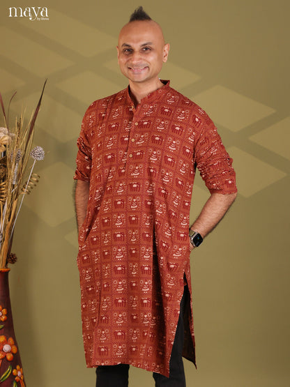 Brown Cotton Elephant Printed Long Men Kurta