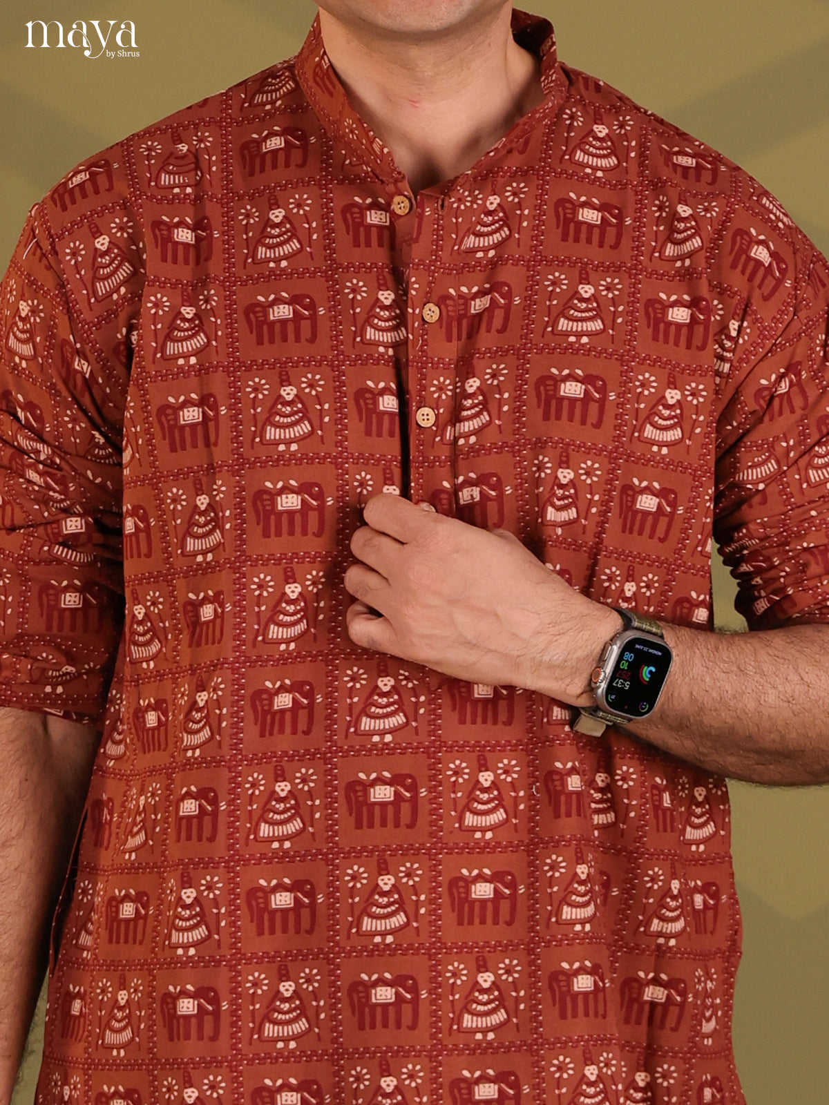 Brown Cotton Elephant Printed Long Men Kurta