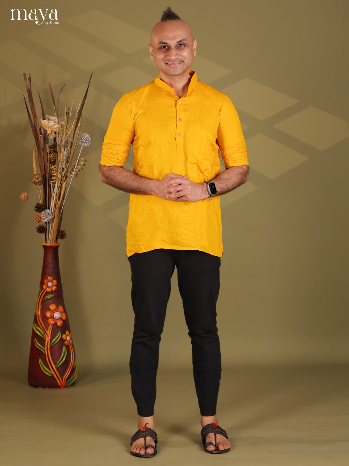 Yellow Rayon Solid Short Men Kurta