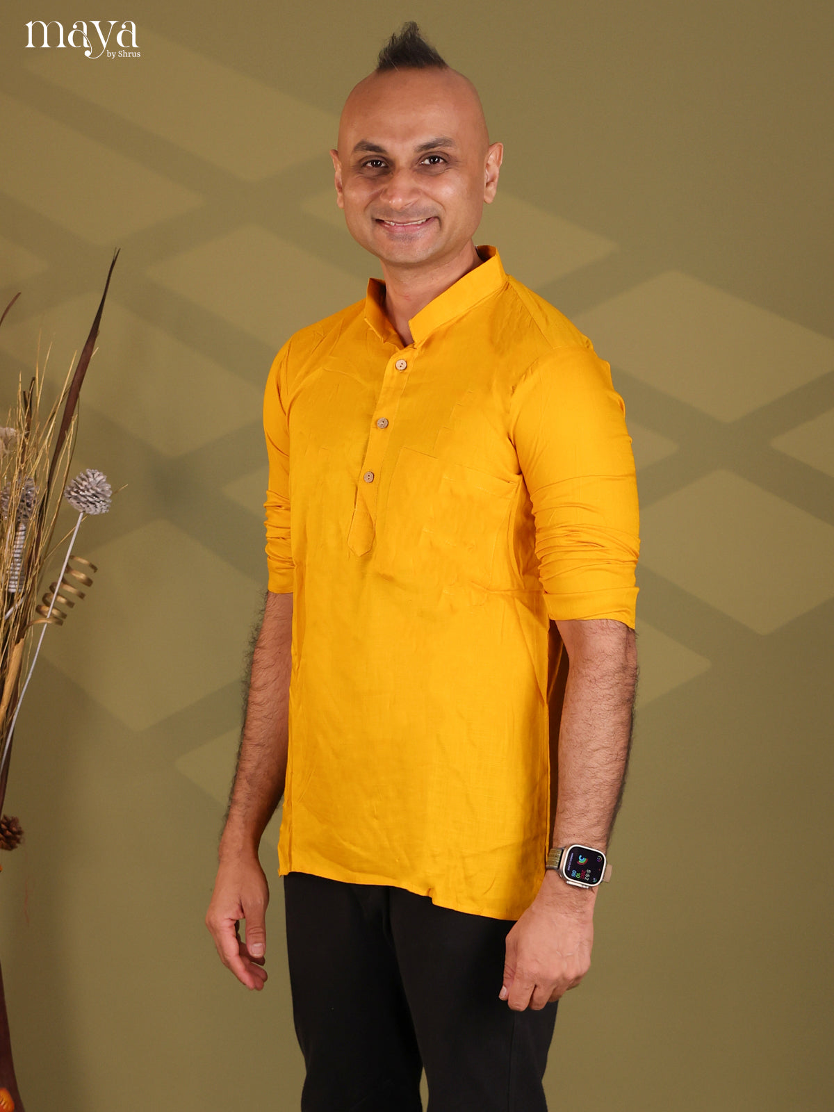 Yellow Rayon Solid Short Men Kurta