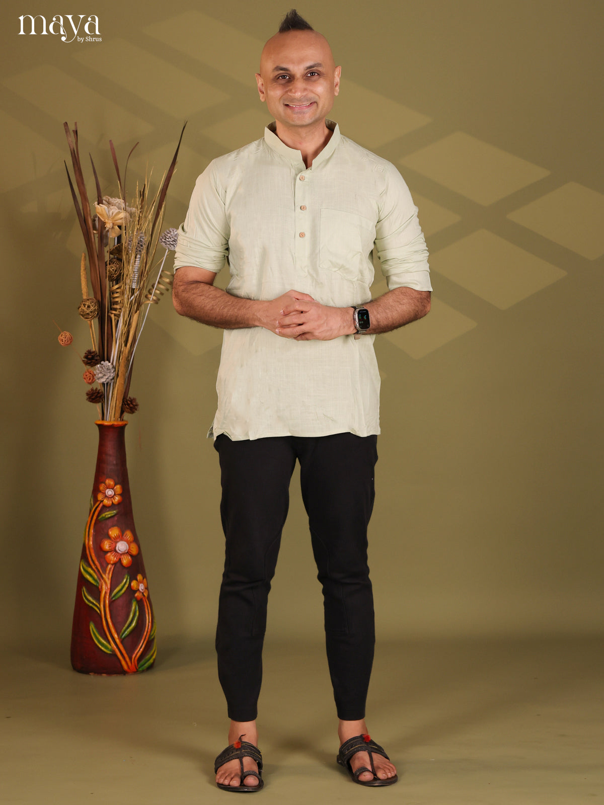 Pista Green Rayon Solid Short Men Kurta