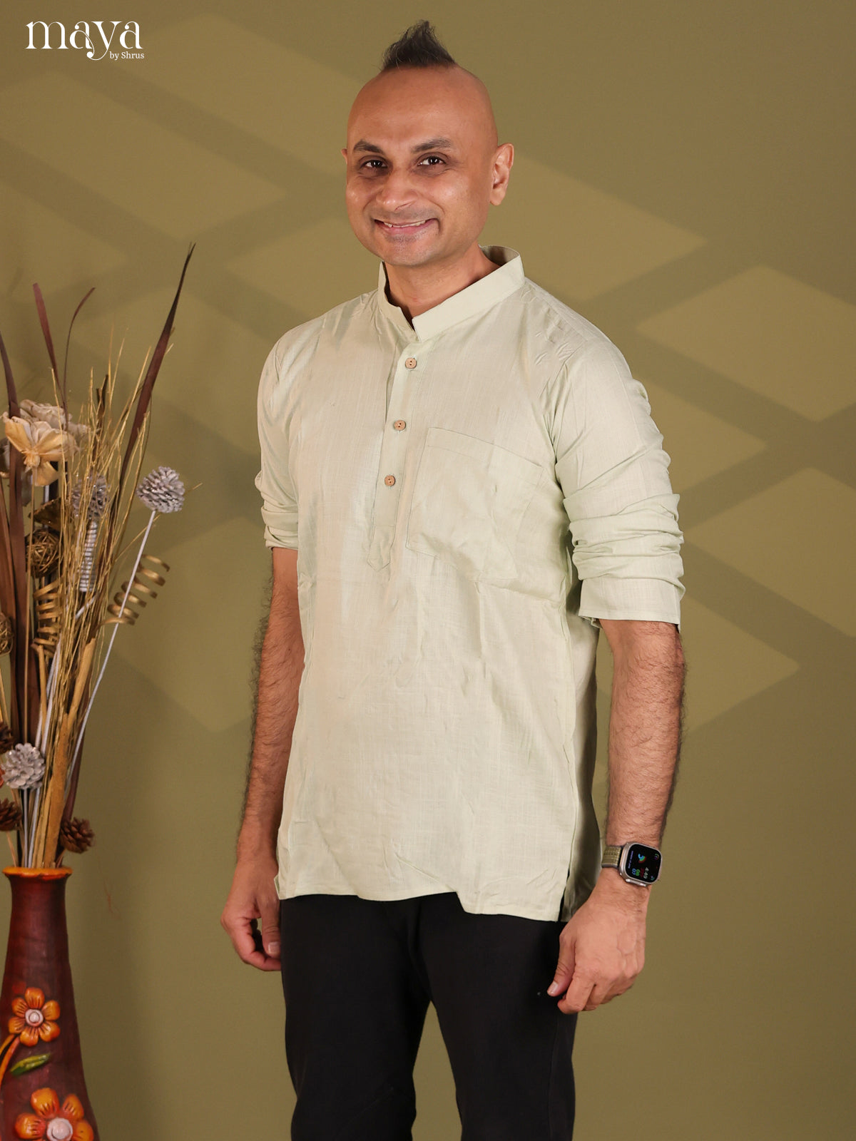 Pista Green Rayon Solid Short Men Kurta