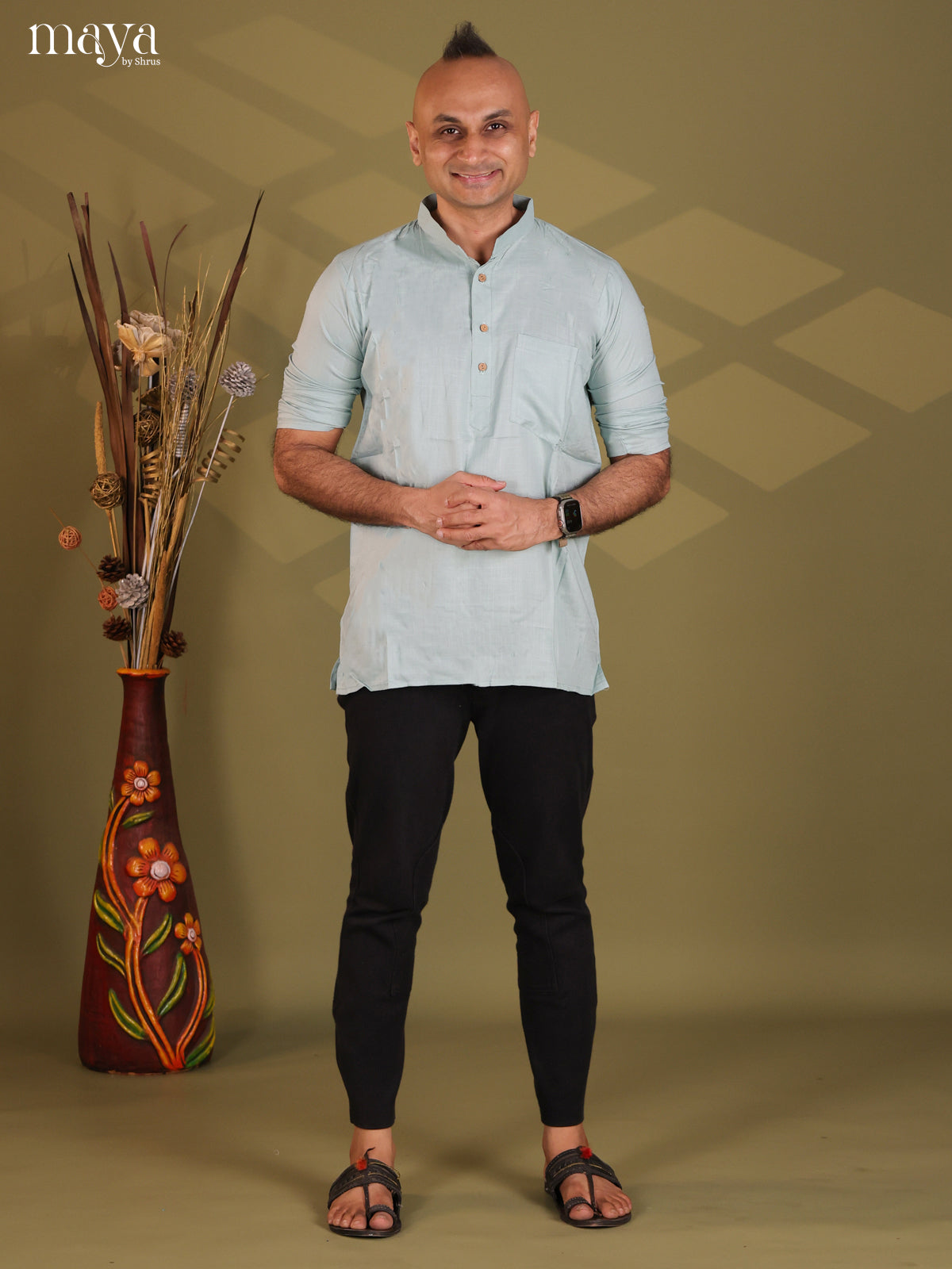 Ice Blue Rayon Solid Short Men Kurta