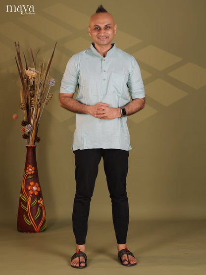 Ice Blue Rayon Solid Short Men Kurta