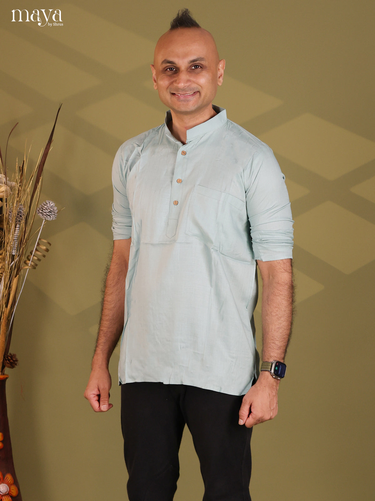 Ice Blue Rayon Solid Short Men Kurta