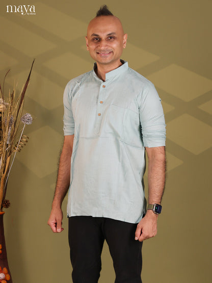 Ice Blue Rayon Solid Short Men Kurta