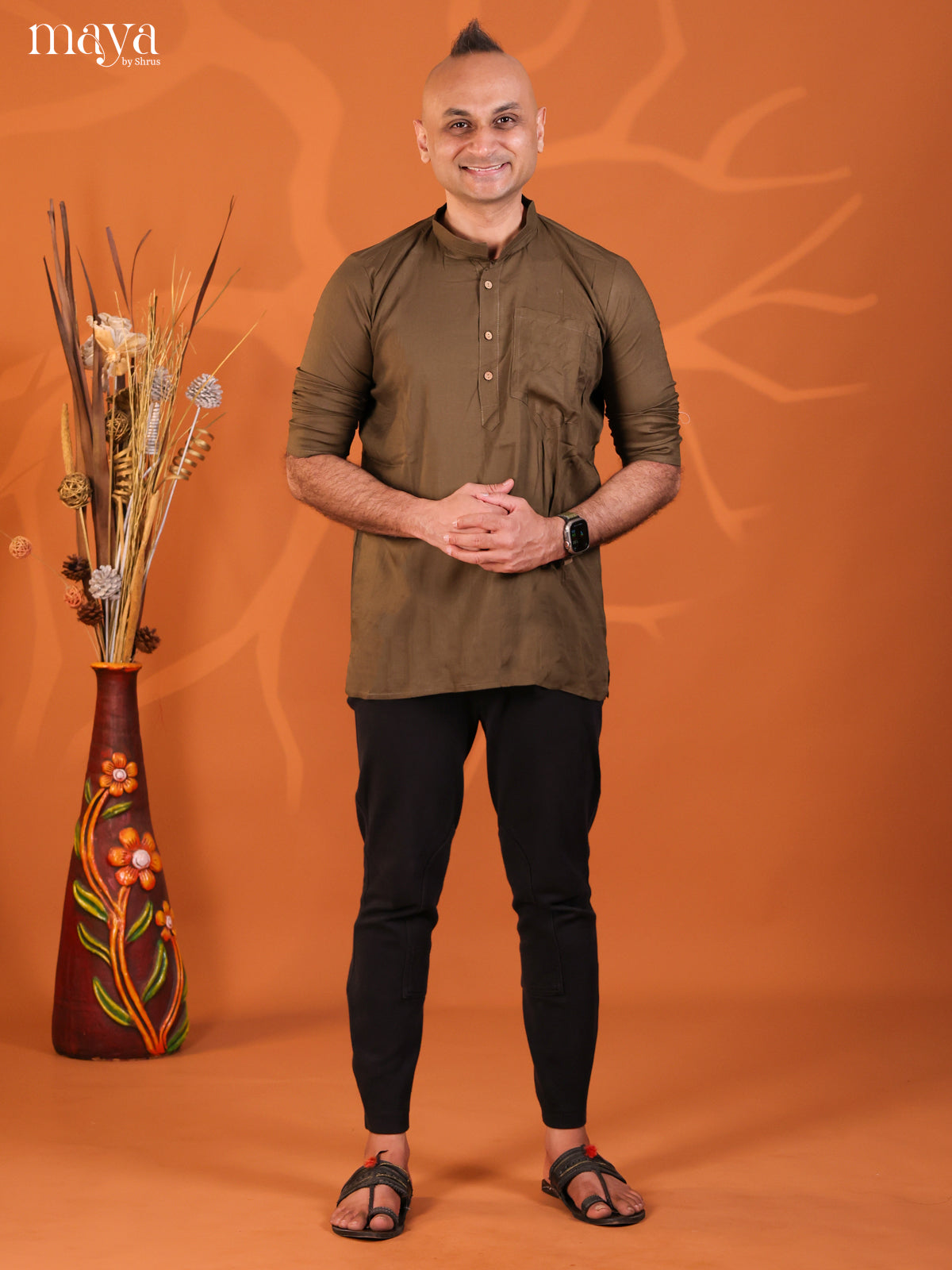 Army Green Rayon Solid Short Men Kurta