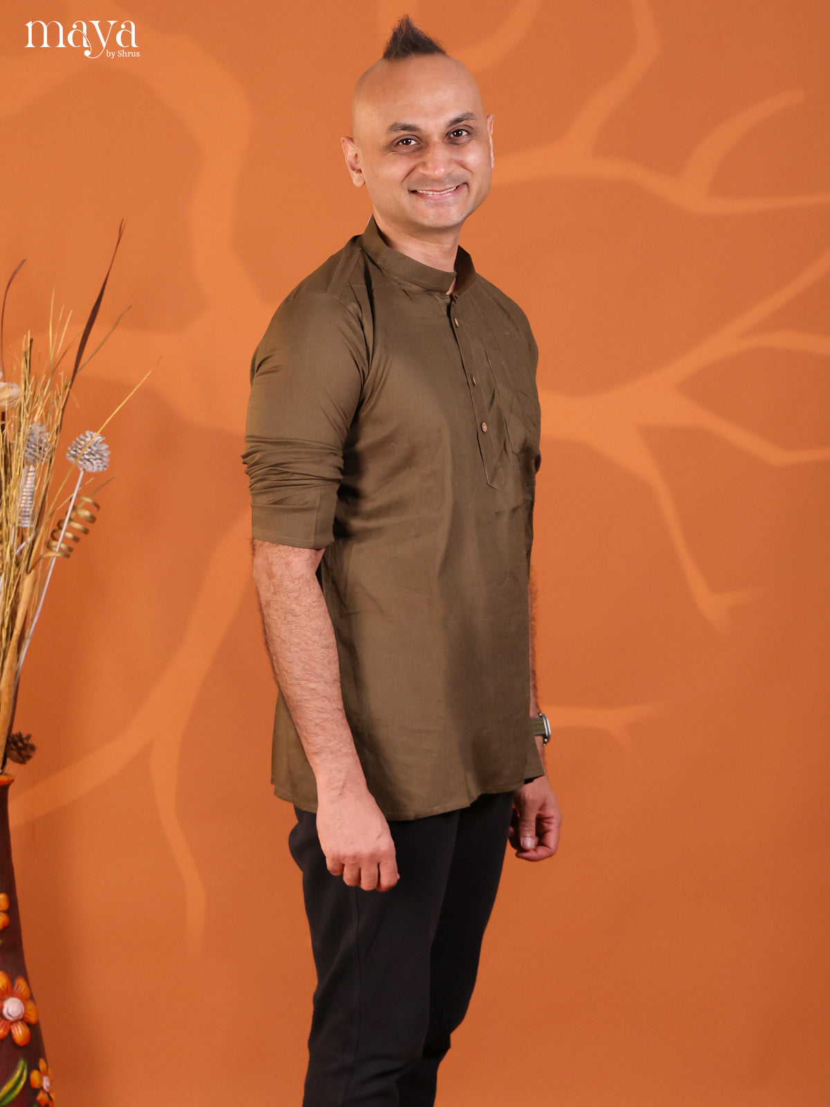 Army Green Rayon Solid Short Men Kurta