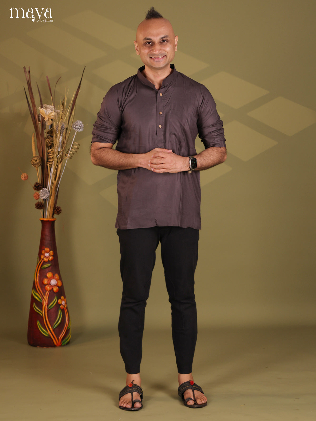 Elephant Grey Rayon Solid Short Men Kurta