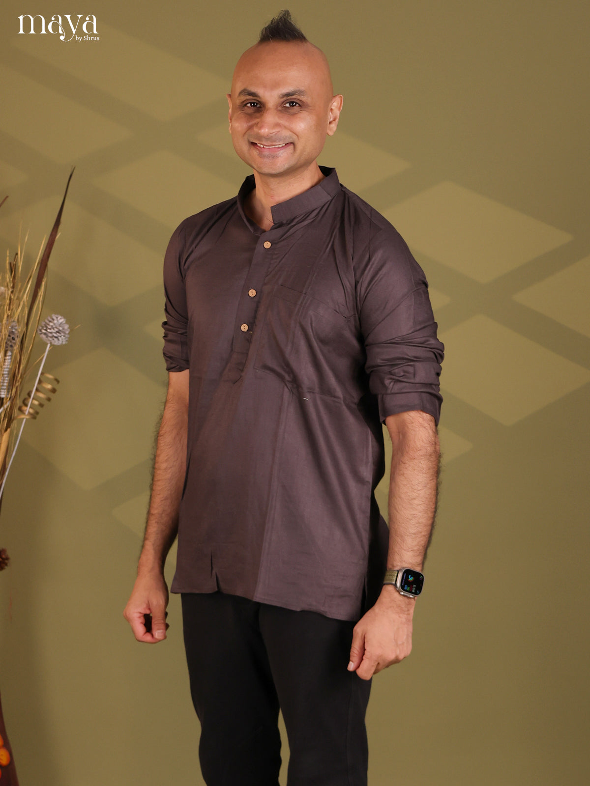 Elephant Grey Rayon Solid Short Men Kurta