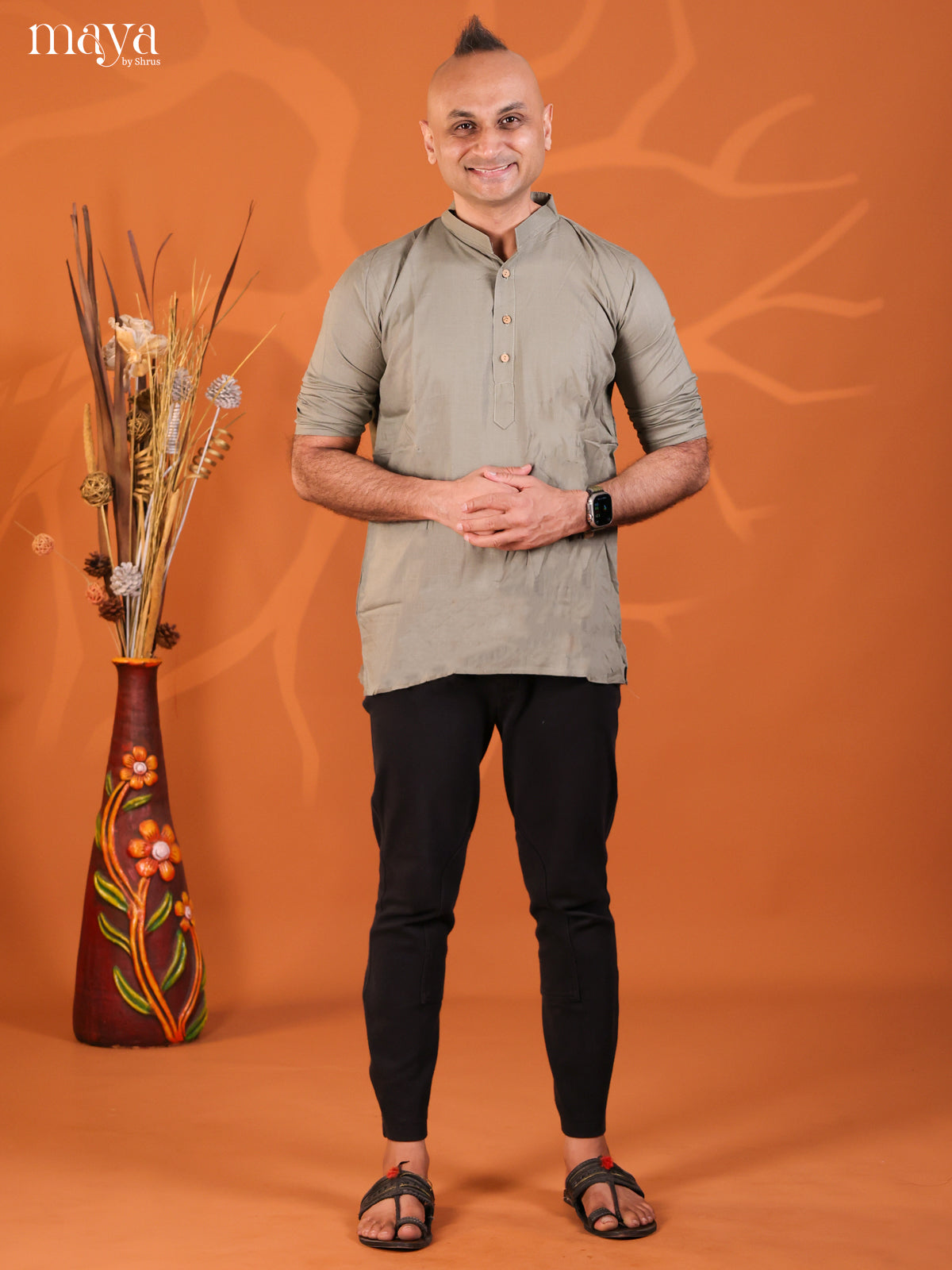 Pastel Green Rayon Solid Short Men Kurta