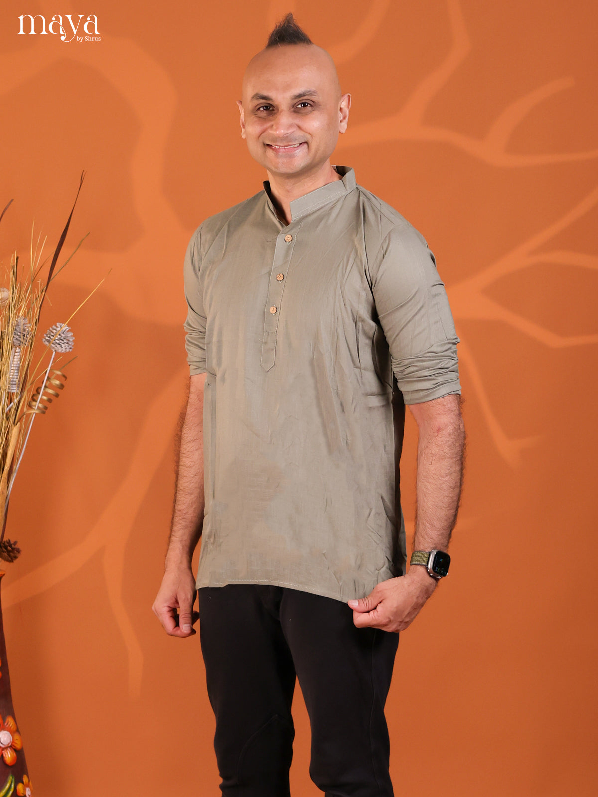 Pastel Green Rayon Solid Short Men Kurta