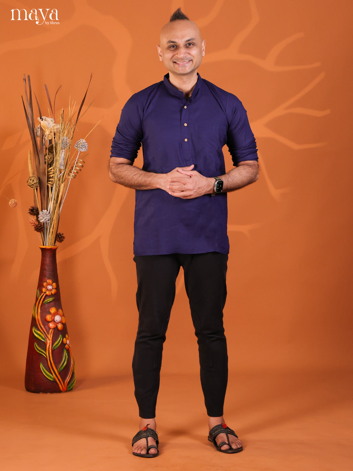 Navy Blue Rayon Solid Short Men Kurta