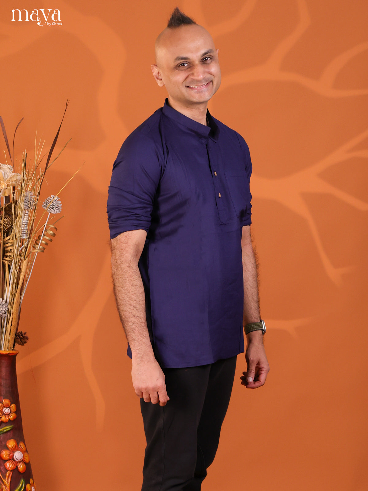 Navy Blue Rayon Solid Short Men Kurta