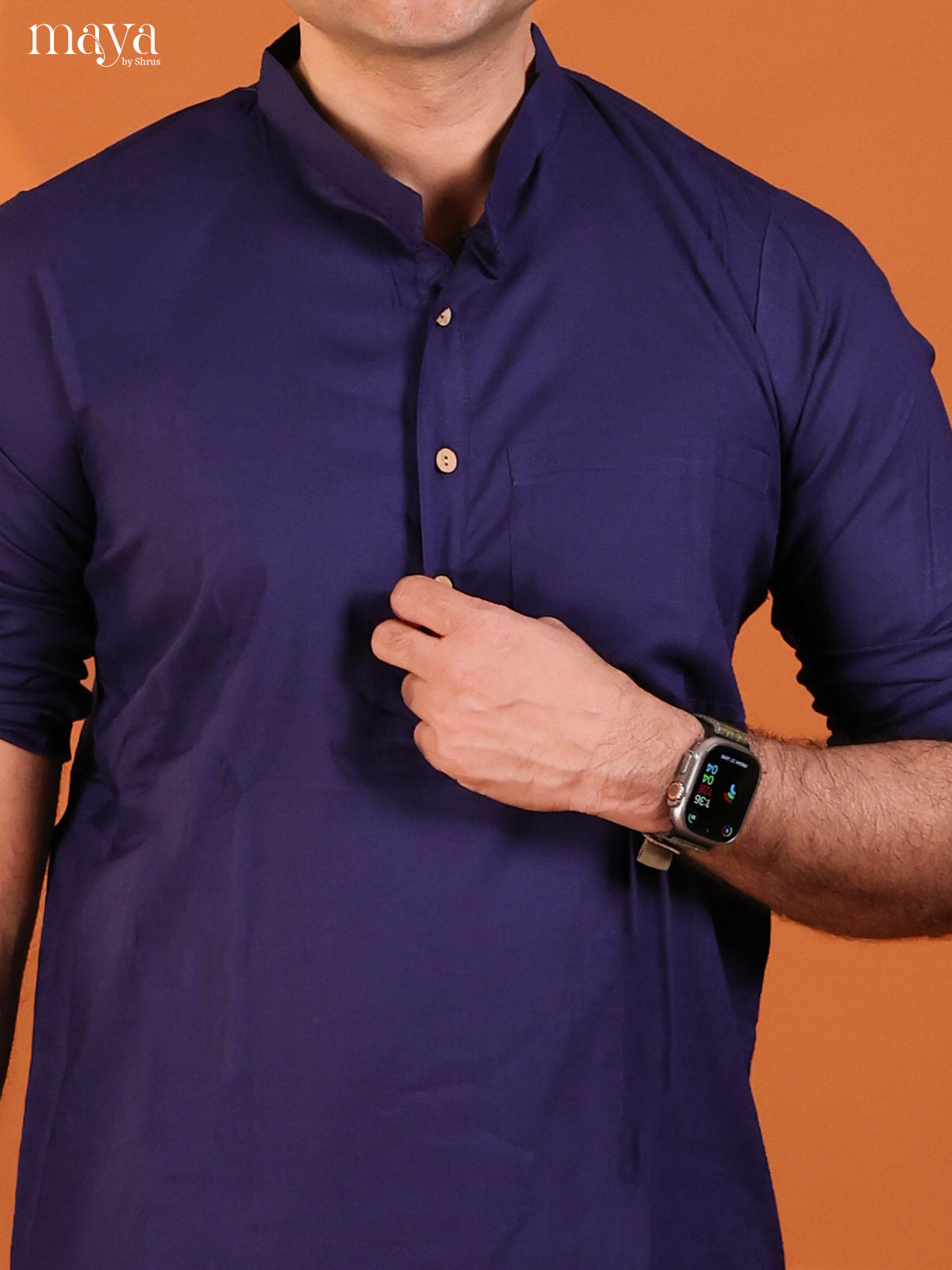 Navy Blue Rayon Solid Short Men Kurta