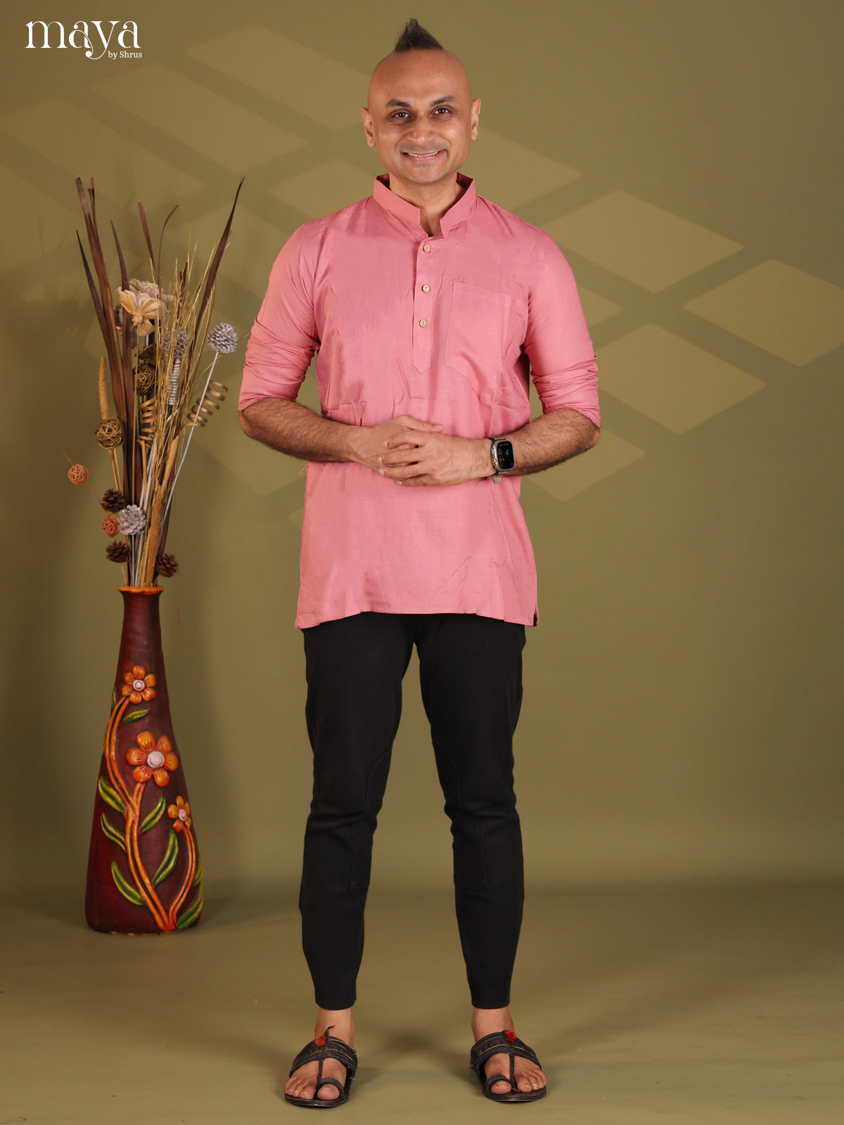 Pastel Pink Rayon Solid Short Men Kurta