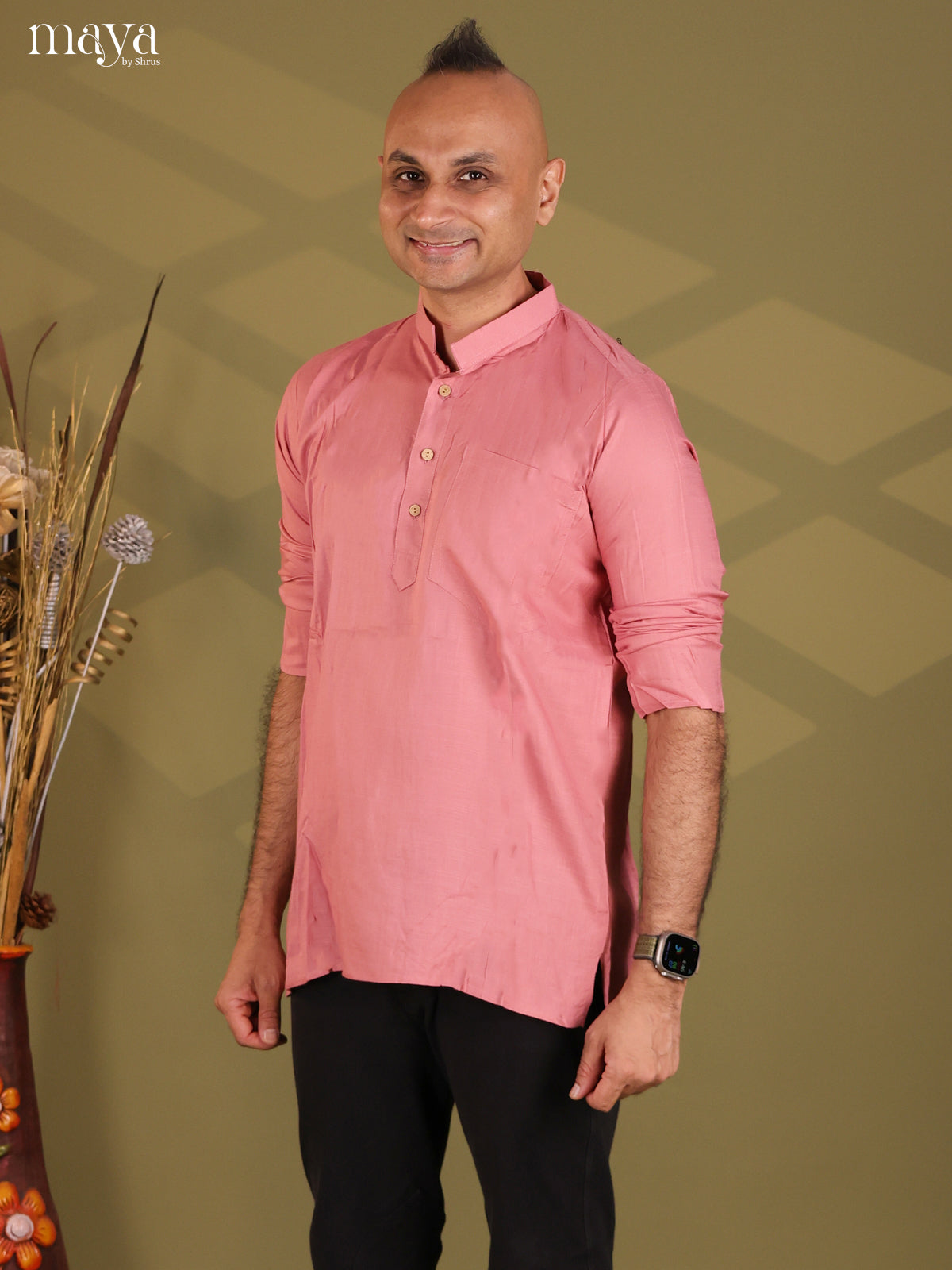 Pastel Pink Rayon Solid Short Men Kurta