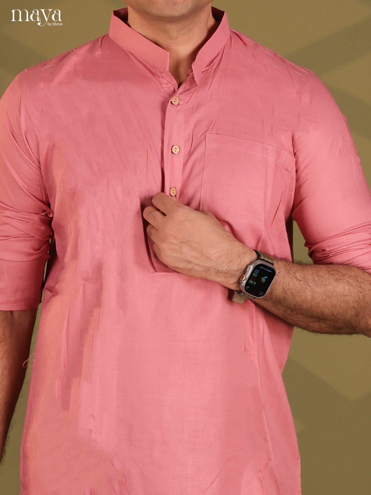 Pastel Pink Rayon Solid Short Men Kurta