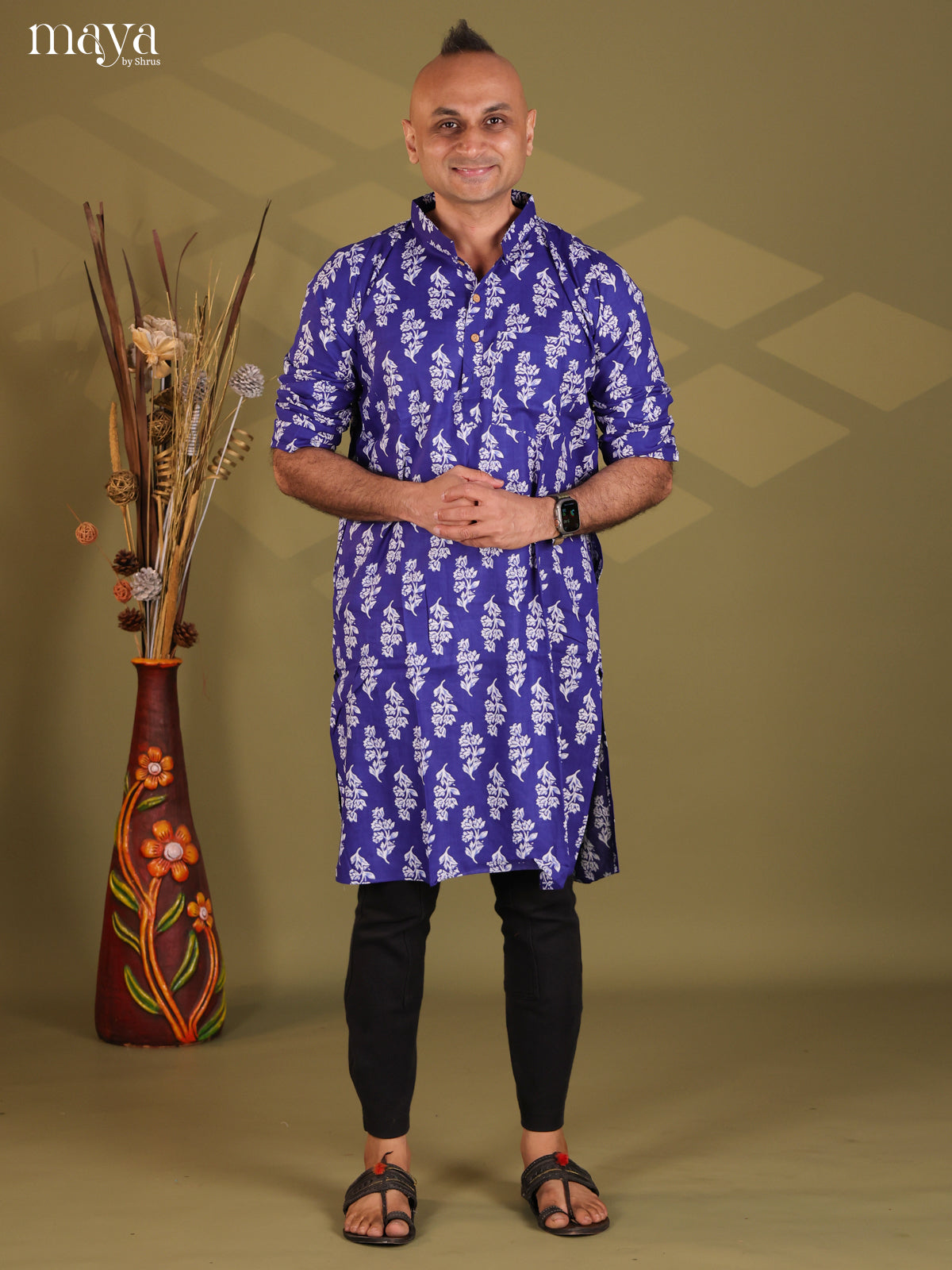 Royal Blue Rayon Cotton Floral Printed Long Men Kurta