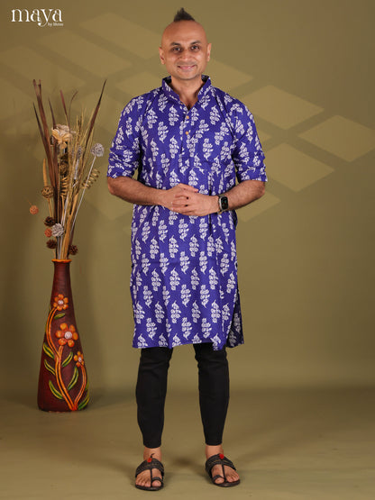Royal Blue Rayon Cotton Floral Printed Long Men Kurta