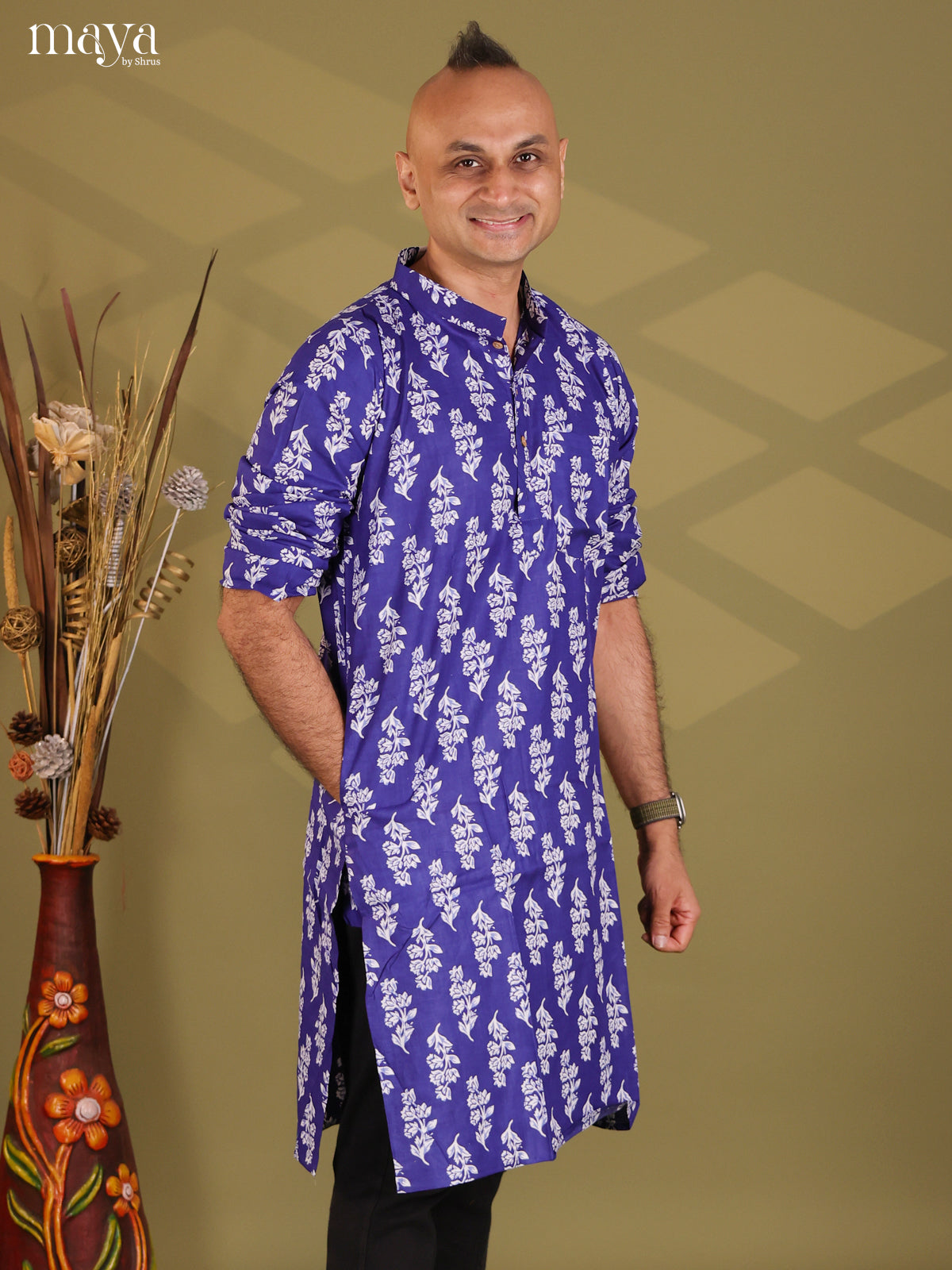 Royal Blue Rayon Cotton Floral Printed Long Men Kurta
