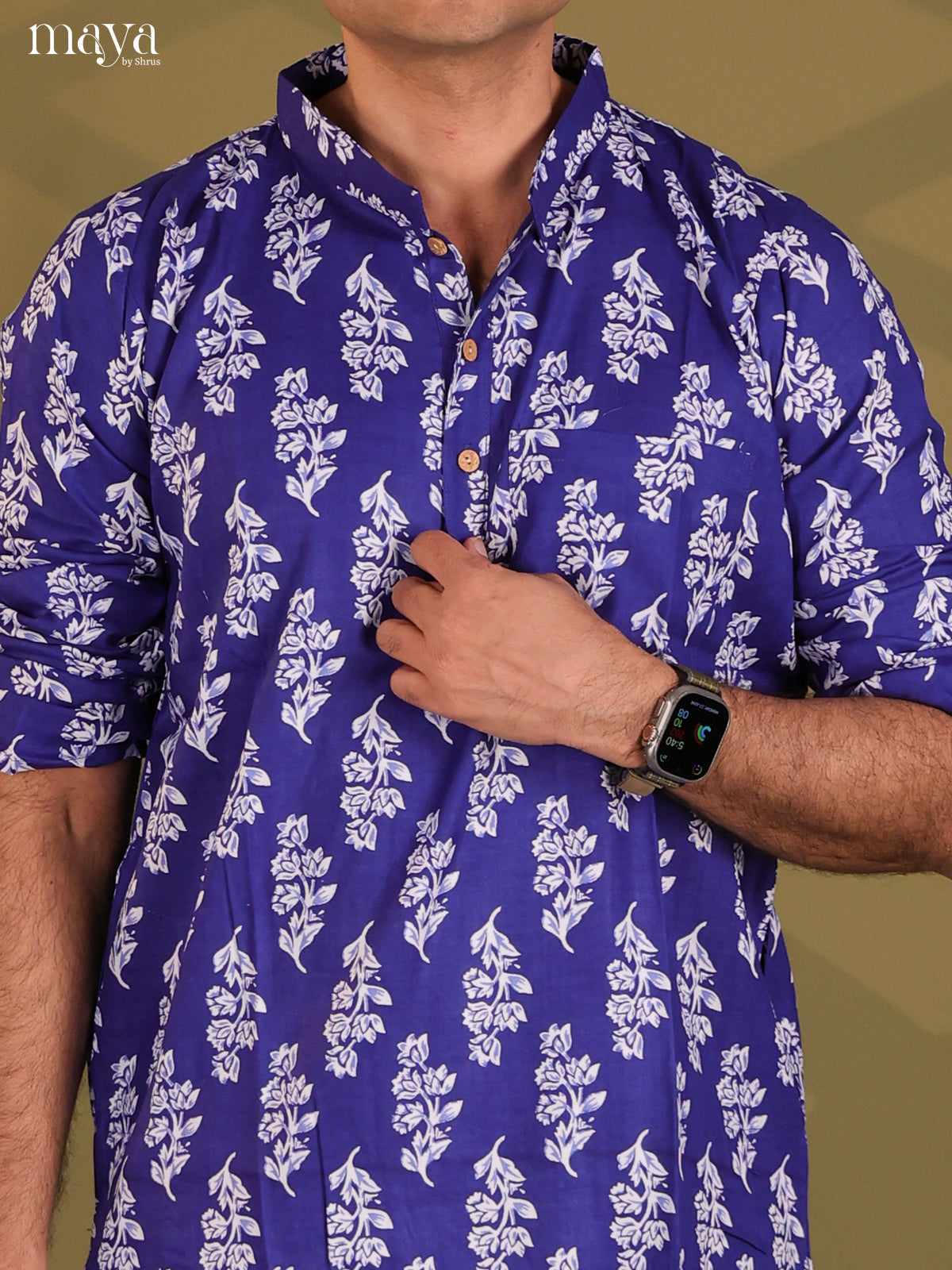 Royal Blue Rayon Cotton Floral Printed Long Men Kurta