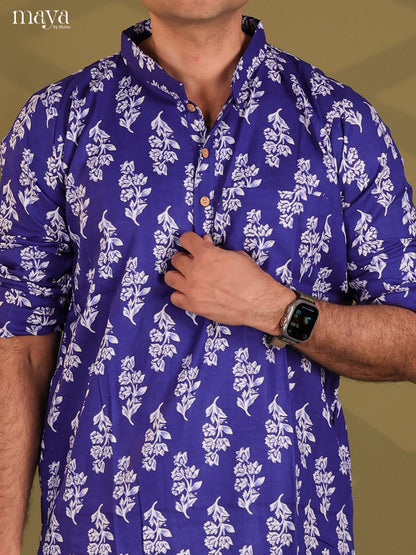 Royal Blue Rayon Cotton Floral Printed Long Men Kurta